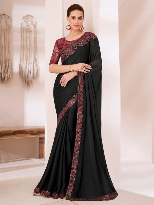 Women's Pure Chiffon Maroon Embellished Designer Saree With Blouse Piece