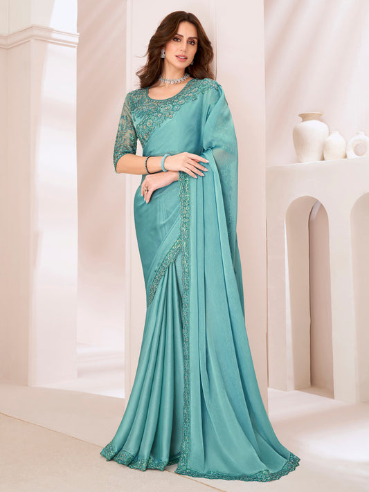 Women's Pure Georgette Turquoise Embellished Designer Saree With Blouse Piece