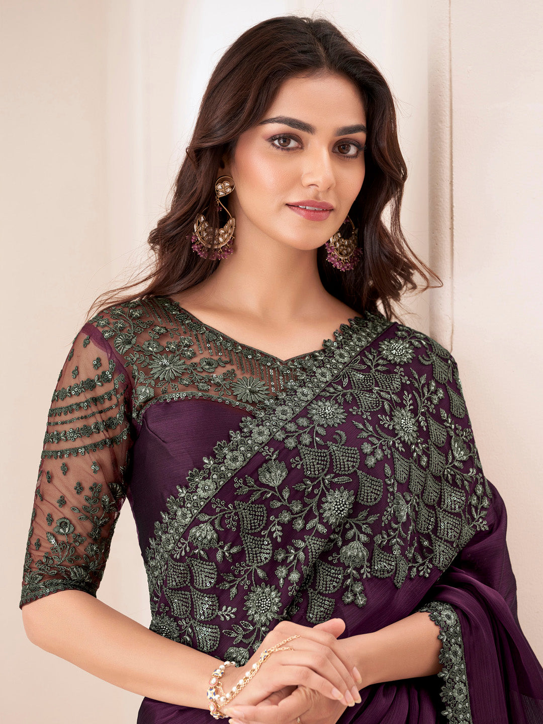 Women's Pure Chiffon Magenta Embellished Designer Saree With Blouse Piece