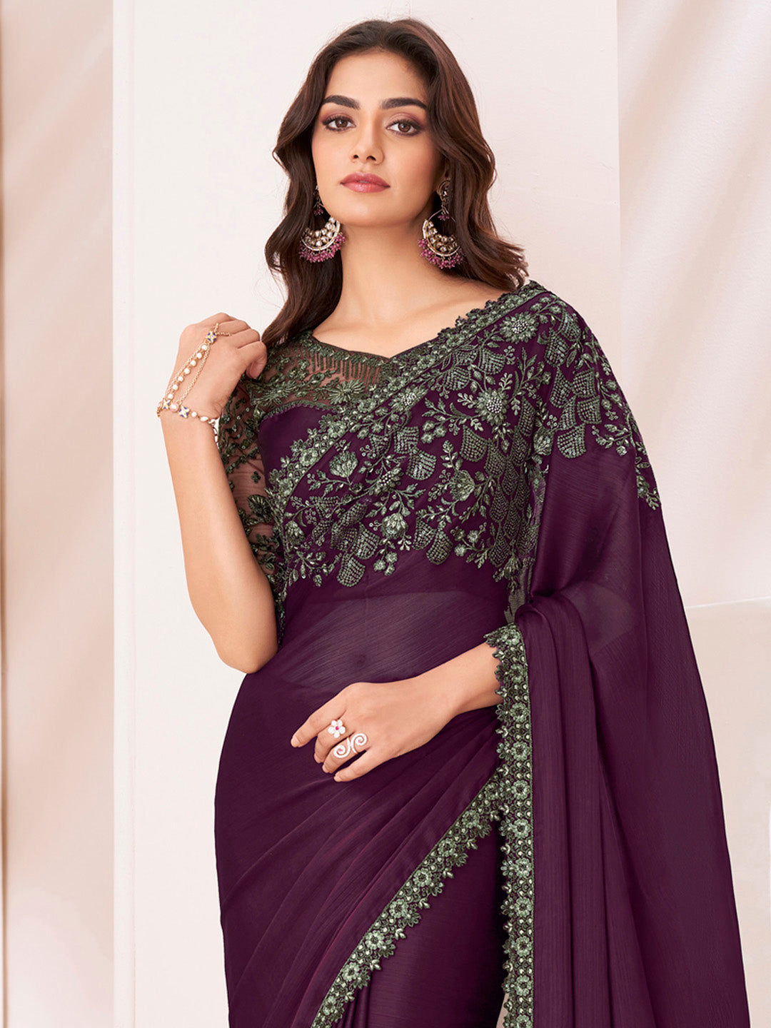 Women's Pure Chiffon Magenta Embellished Designer Saree With Blouse Piece
