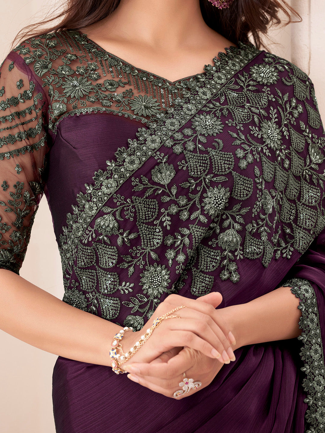 Women's Pure Chiffon Magenta Embellished Designer Saree With Blouse Piece