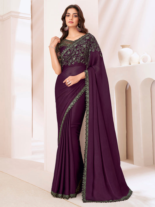 Women's Pure Chiffon Magenta Embellished Designer Saree With Blouse Piece