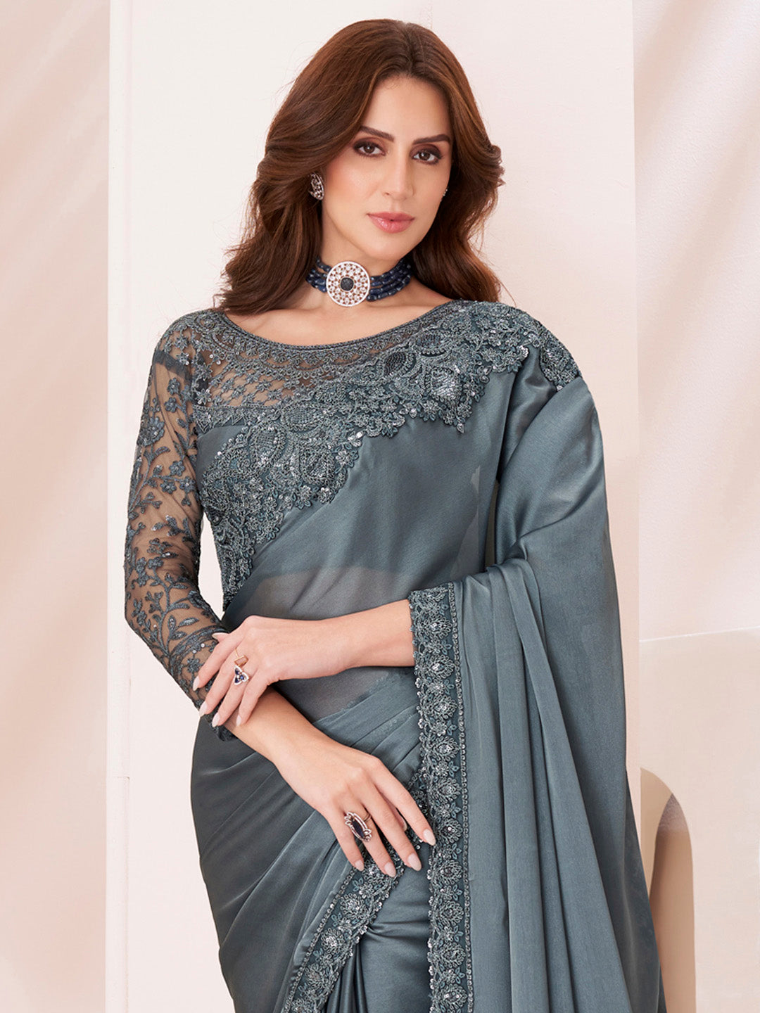 Women's Pure Georgette Grey Embellished Designer Saree With Blouse Piece