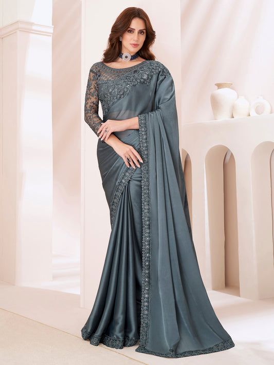 Women's Pure Georgette Grey Embellished Designer Saree With Blouse Piece