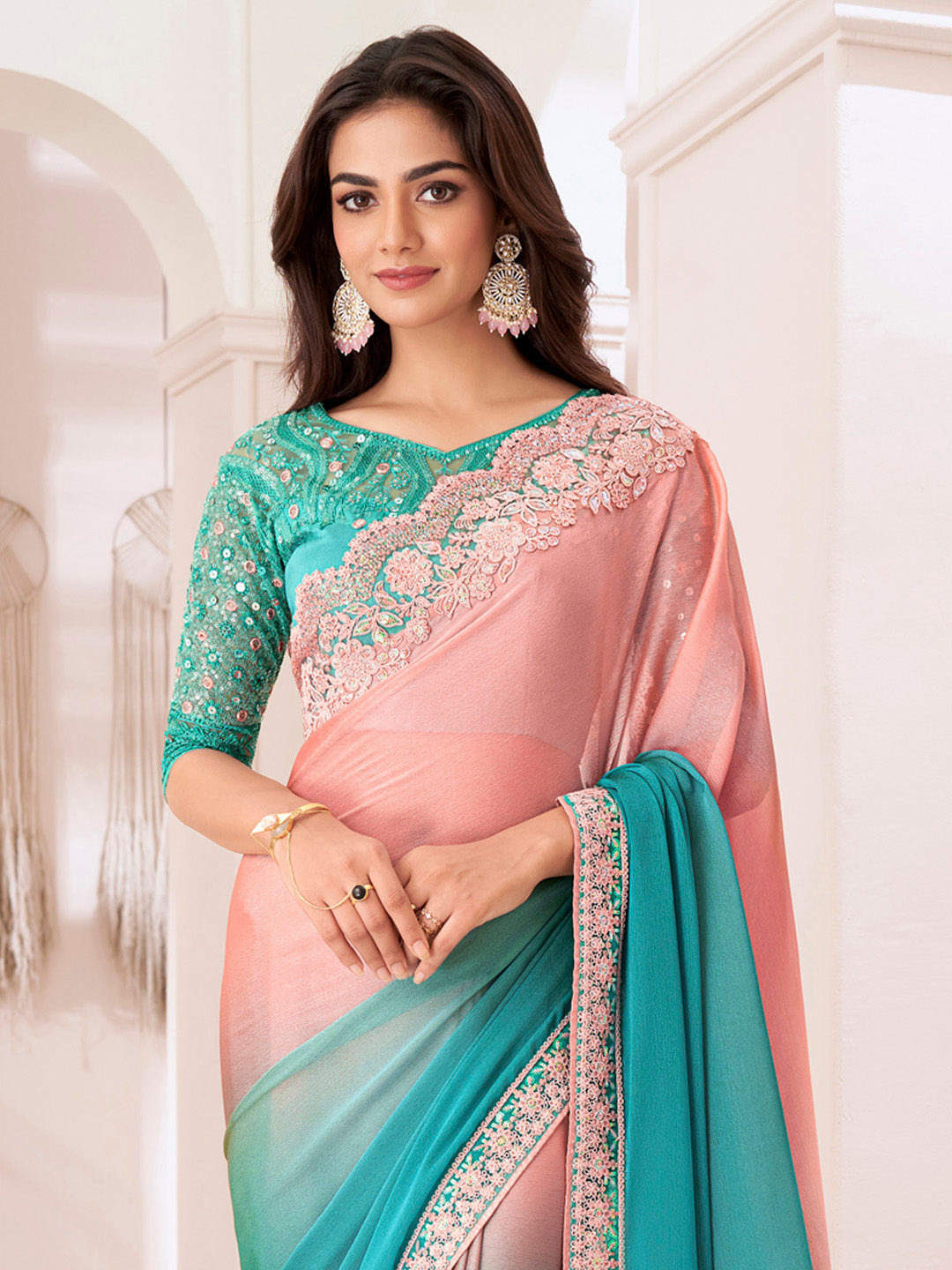 Women's Pure Chiffon Turquoise Embellished Designer Saree With Blouse Piece