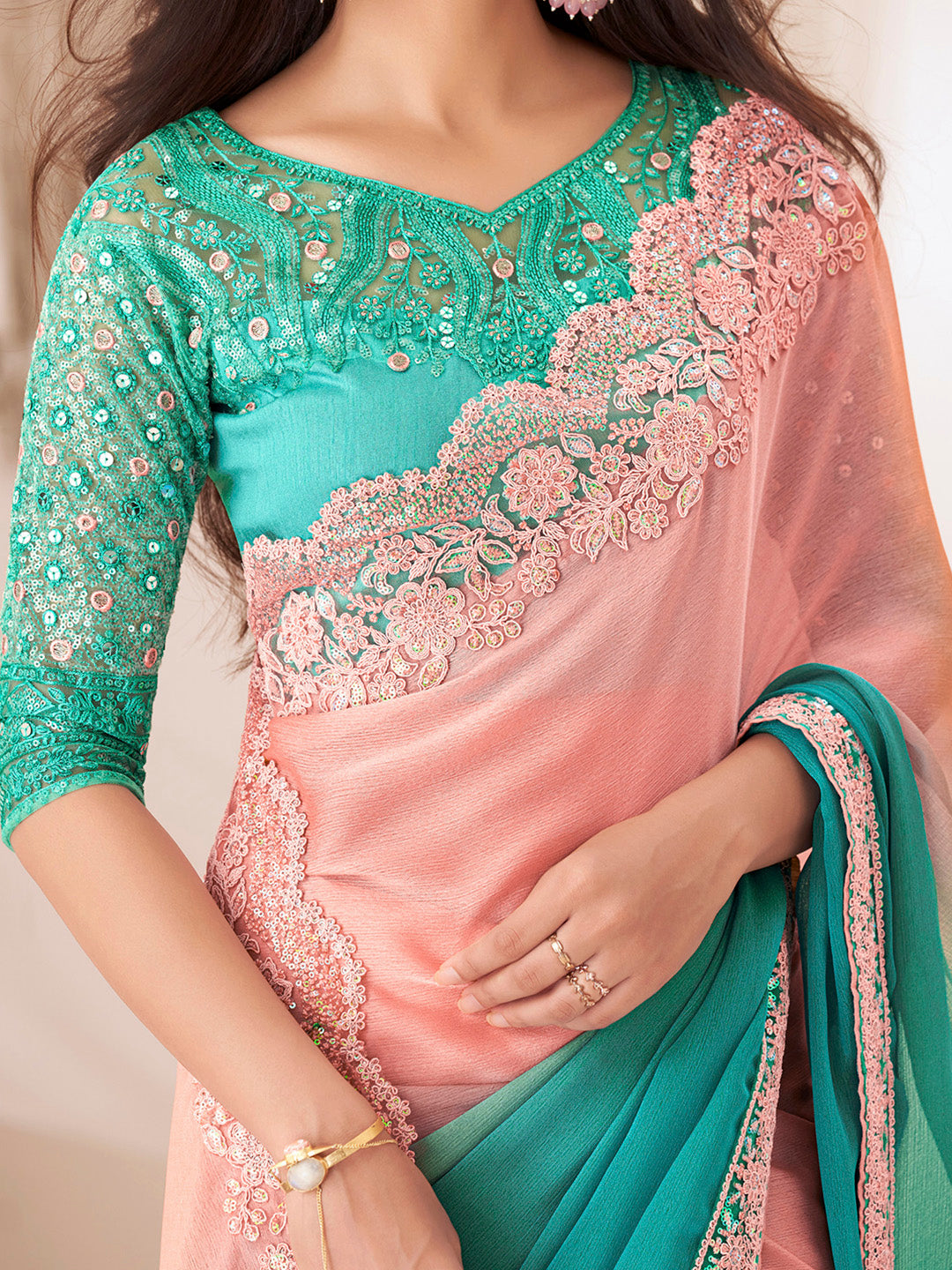 Women's Pure Chiffon Turquoise Embellished Designer Saree With Blouse Piece