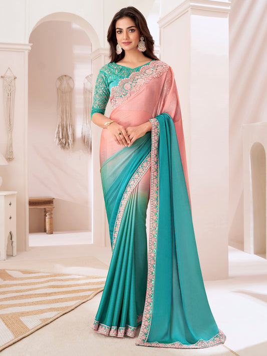 Women's Pure Chiffon Turquoise Embellished Designer Saree With Blouse Piece