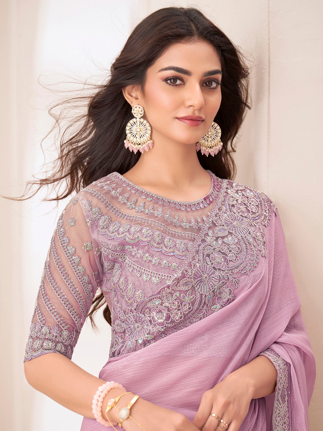 Women's Pure Chiffon Pink Embellished Designer Saree With Blouse Piece