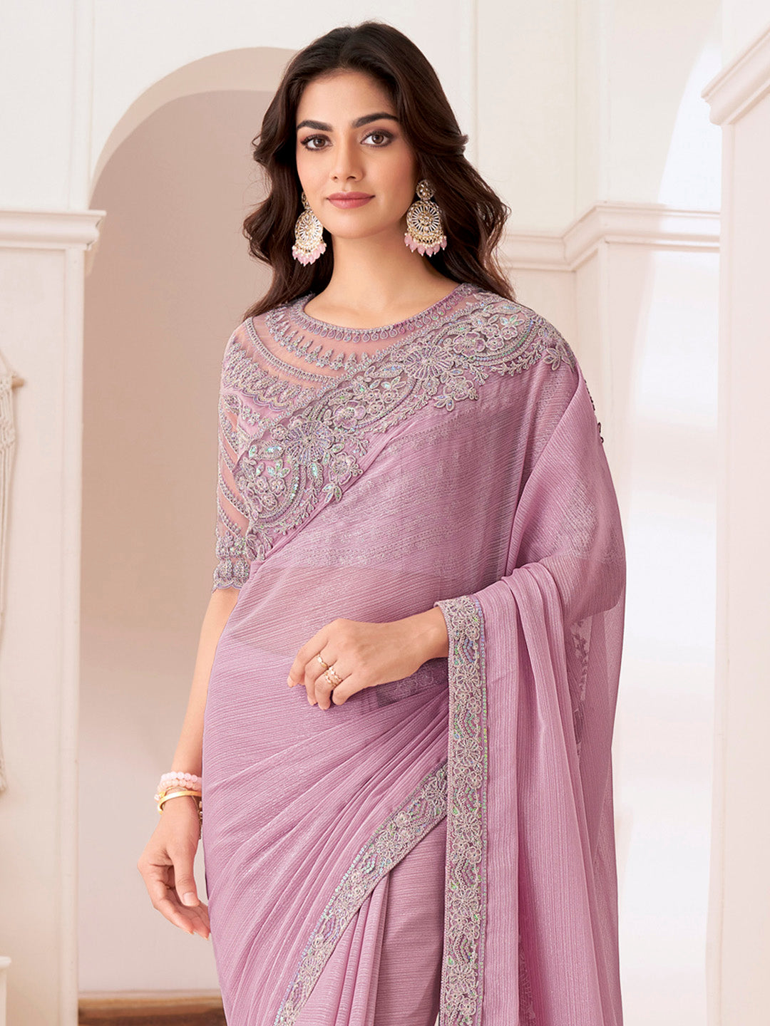 Women's Pure Chiffon Pink Embellished Designer Saree With Blouse Piece