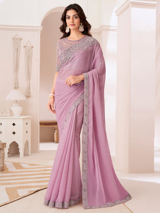 Women's Pure Chiffon Pink Embellished Designer Saree With Blouse Piece