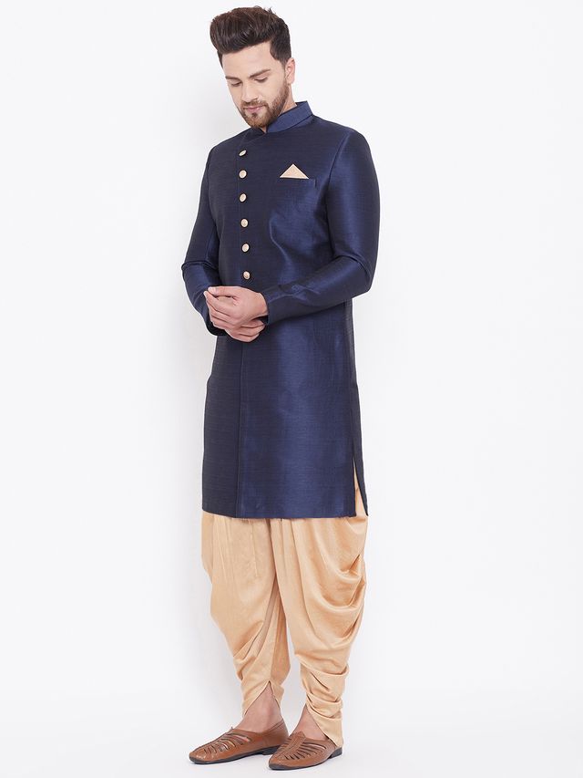 Men's Navy Blue Silk Blend Straight Sherwani Set
