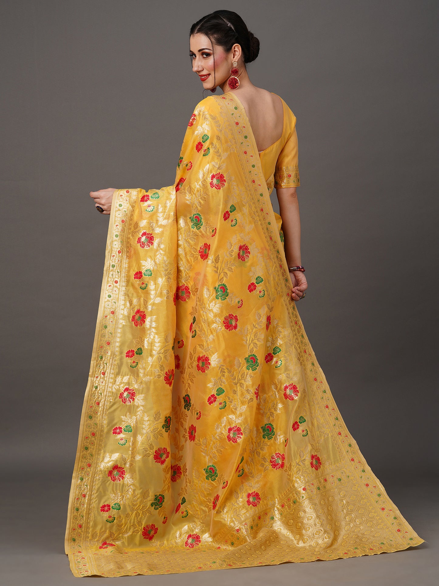 Women's Organza Yellow Woven Design Designer Saree With Blouse Piece