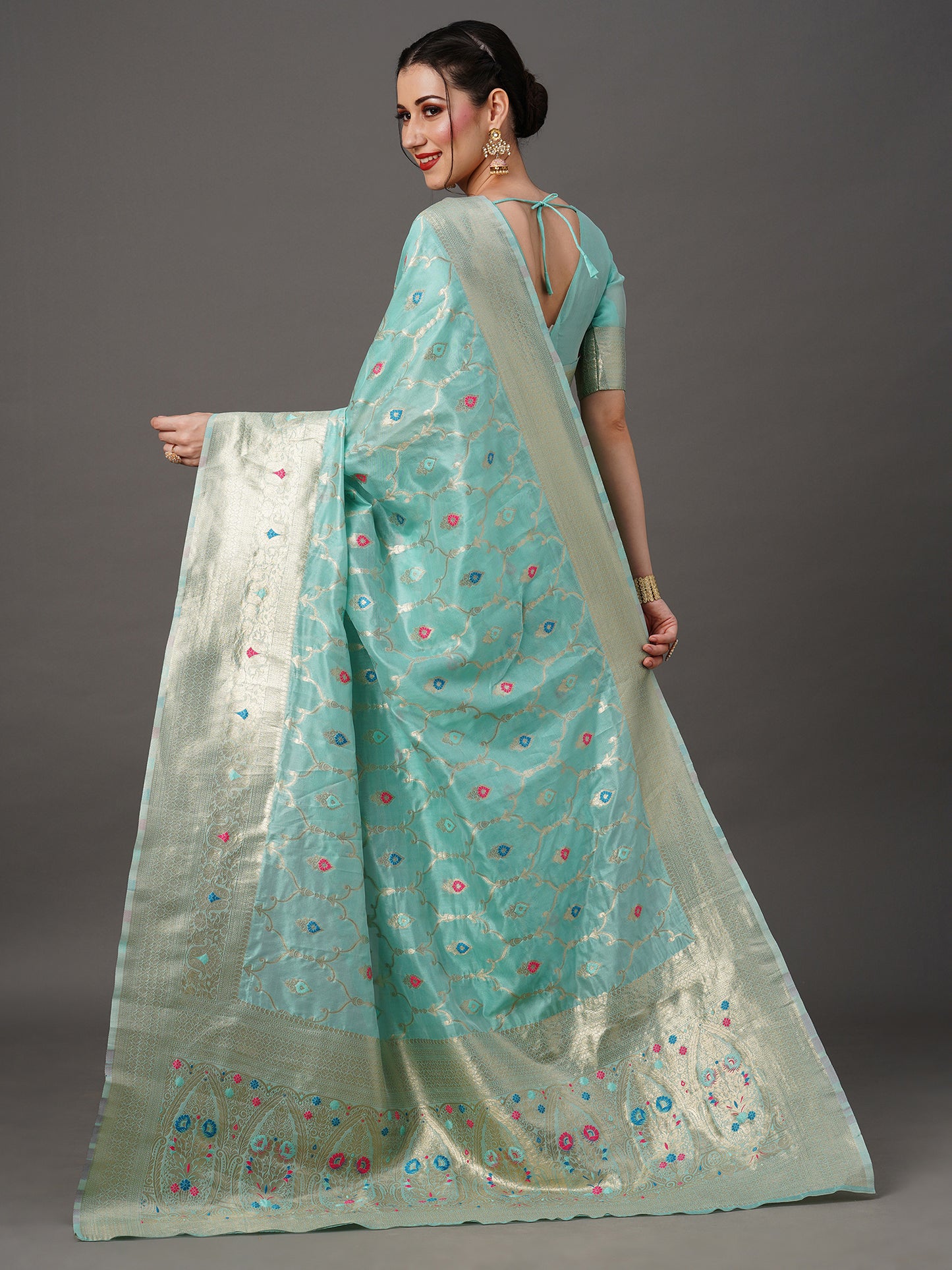 Women's Organza Turquoise Woven Design Designer Saree With Blouse Piece