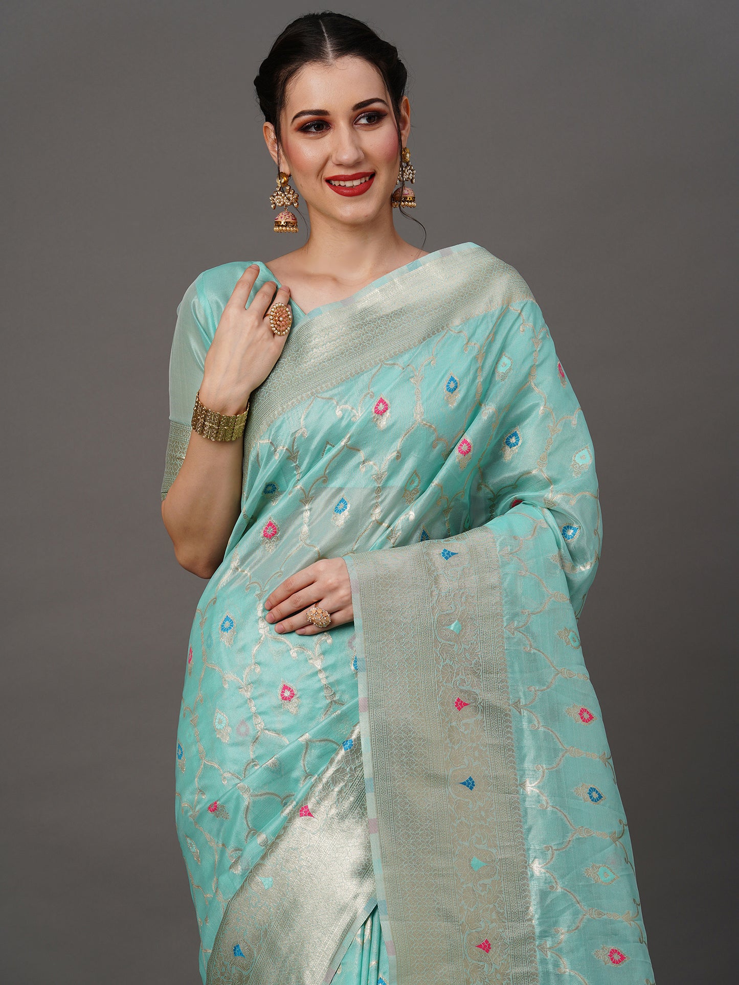 Women's Organza Turquoise Woven Design Designer Saree With Blouse Piece