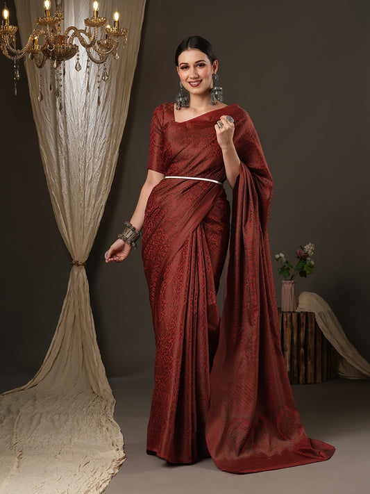 Women's Silk Blend Maroon Woven Design Designer Saree With Blouse Piece