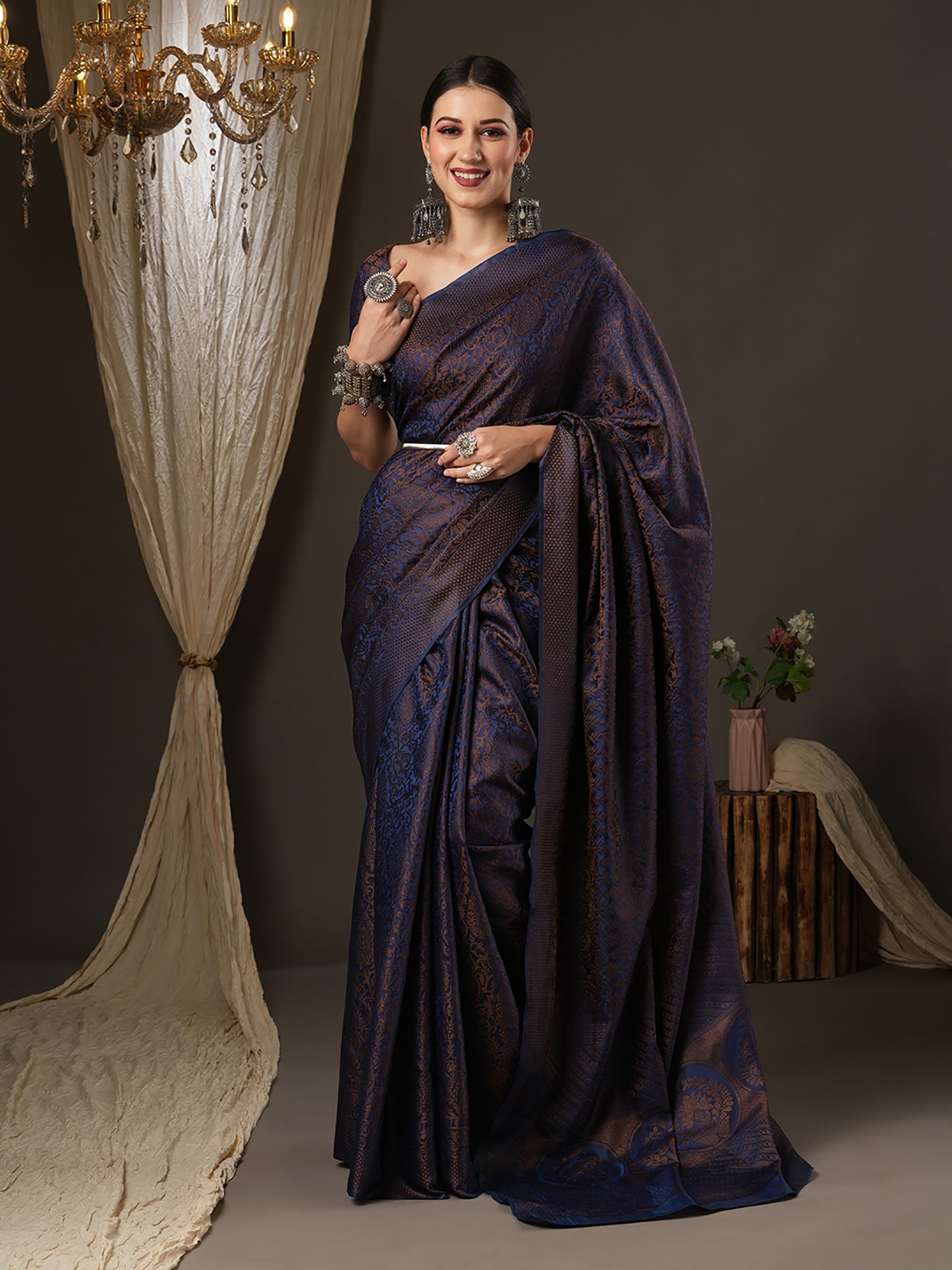 Women's Silk Blend Navy Blue Woven Design Designer Saree With Blouse Piece
