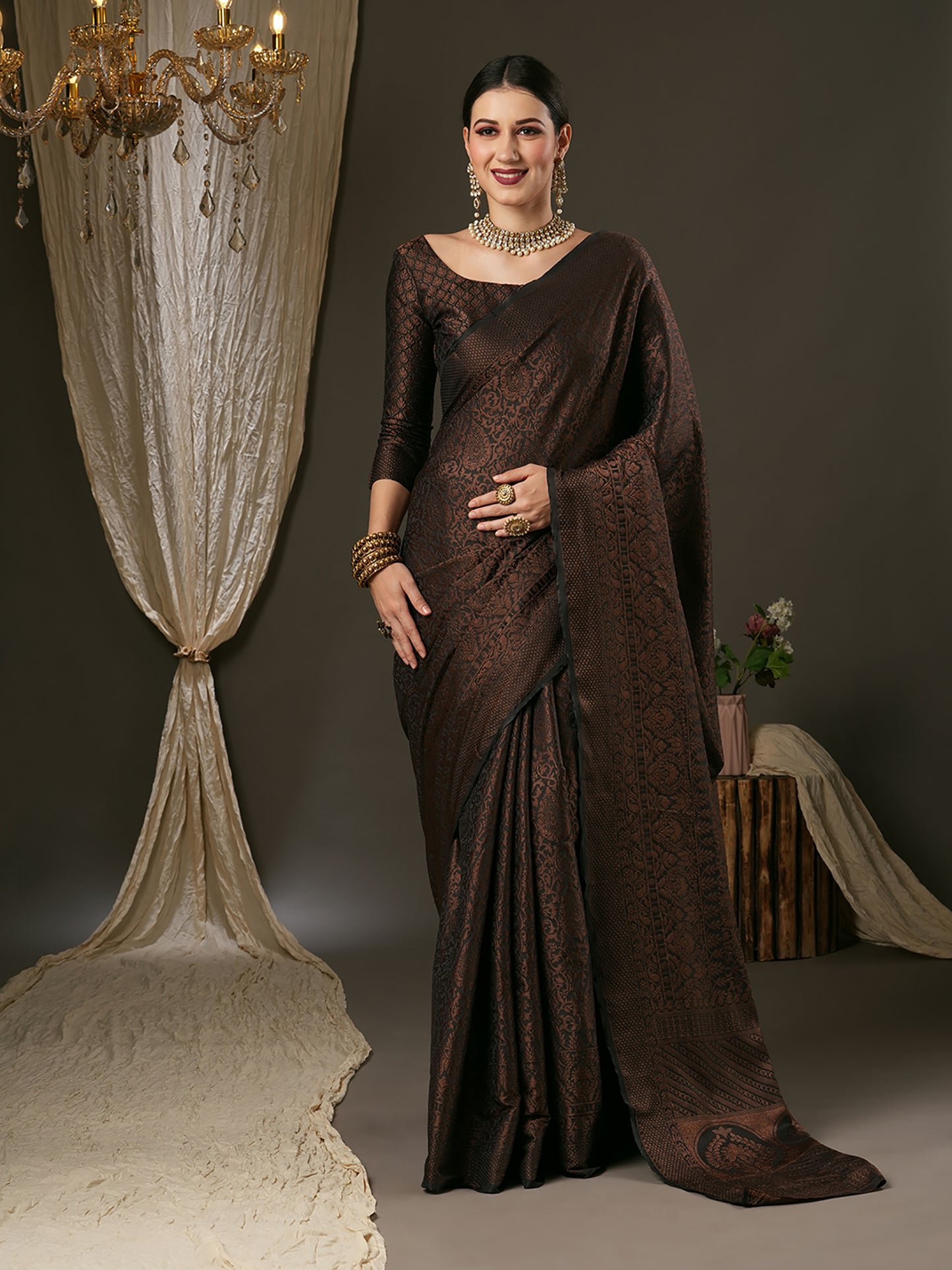 Women's Silk Blend Black Woven Design Designer Saree With Blouse Piece