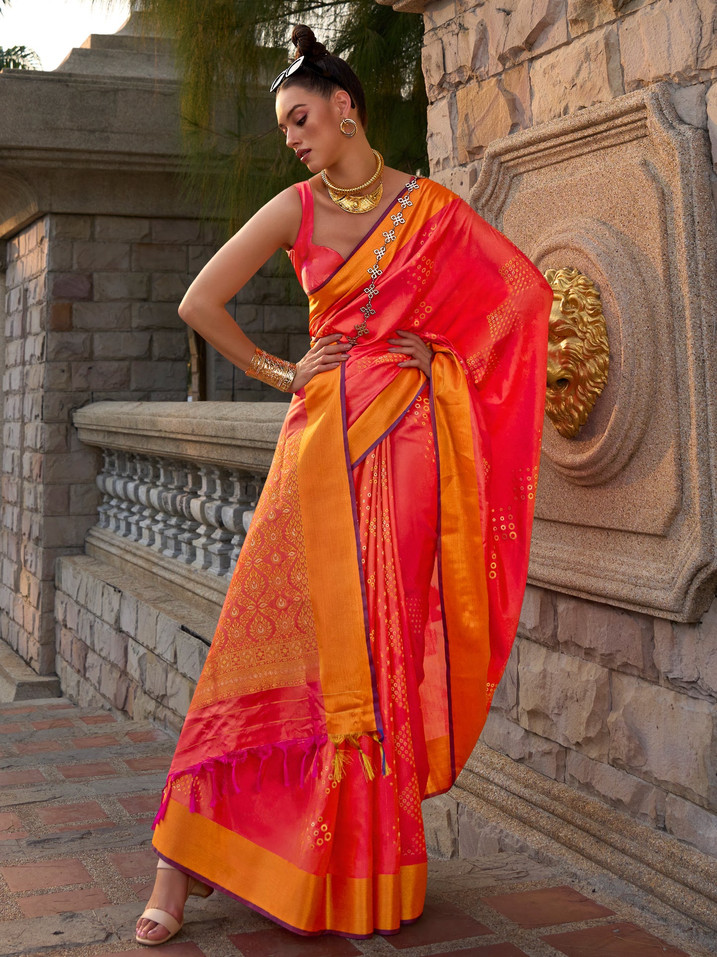 Women's Silk Blend Orange Woven Design Designer Saree With Blouse Piece