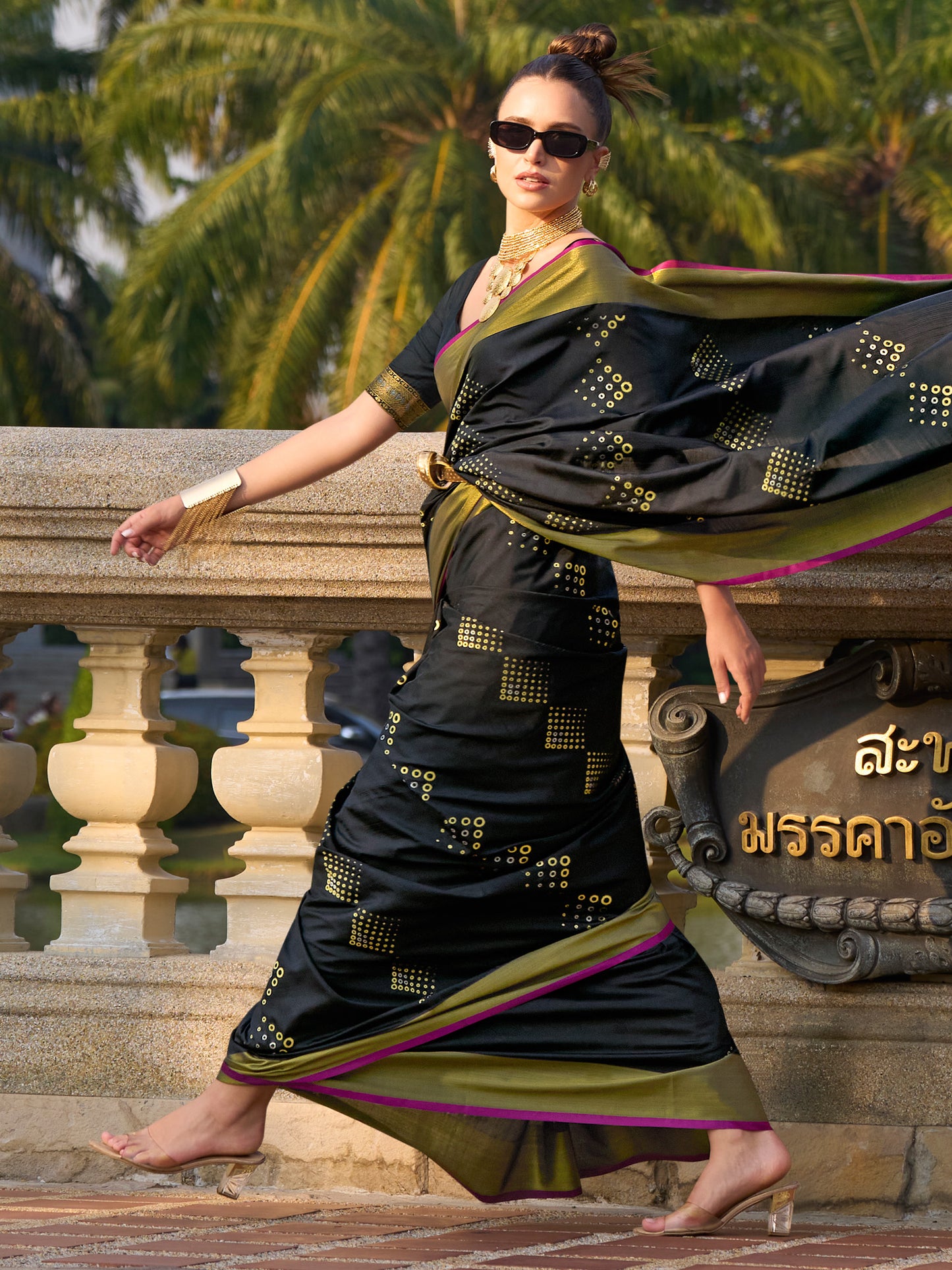 Women's Silk Blend Black Woven Design Designer Saree With Blouse Piece