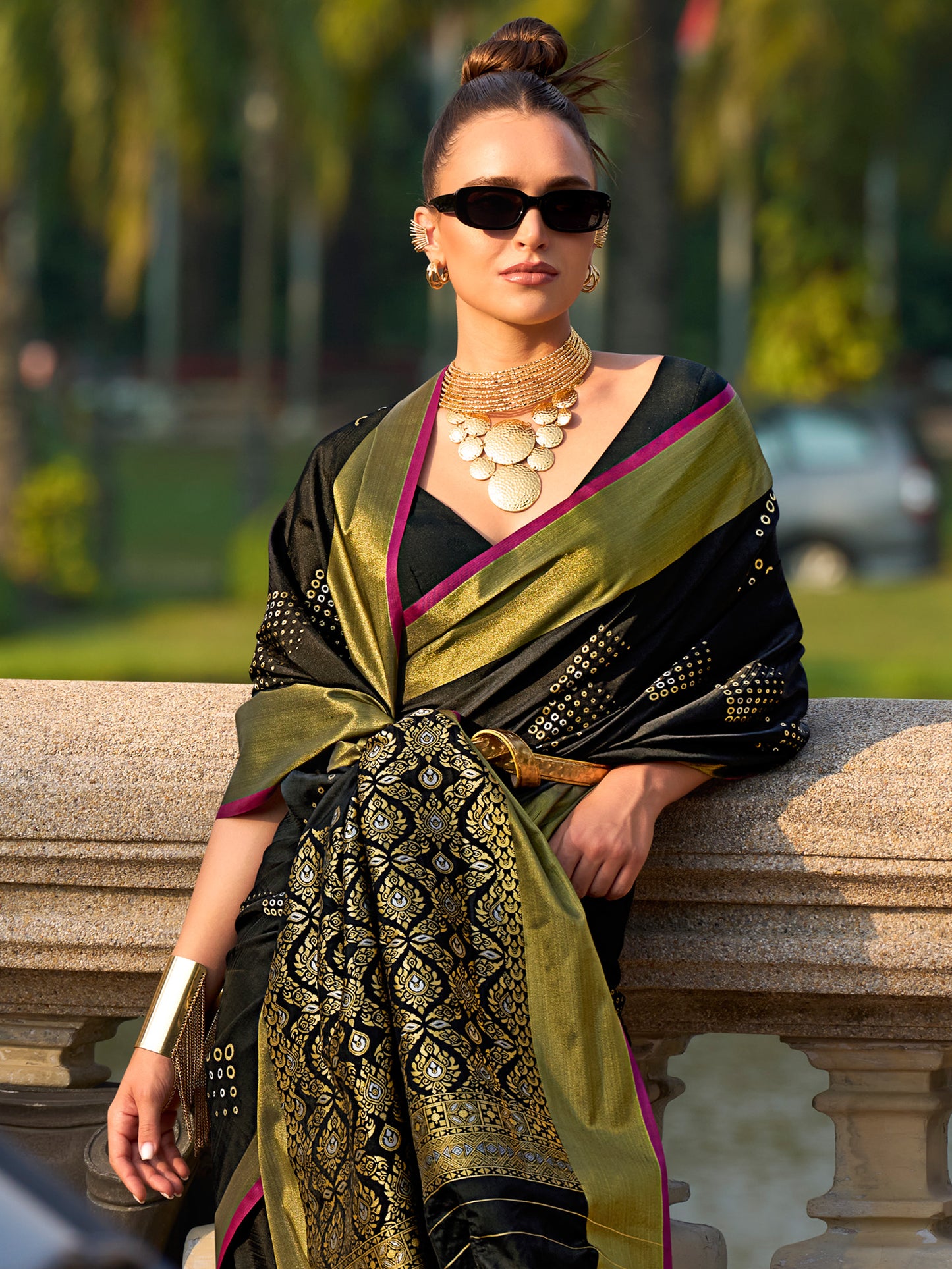 Women's Silk Blend Black Woven Design Designer Saree With Blouse Piece