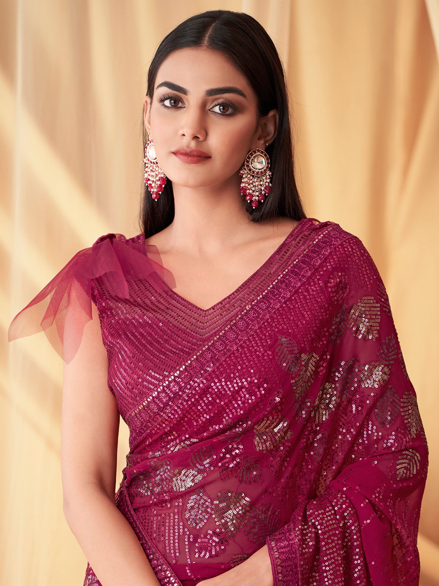 Women's Georgette Pink Embellished Designer Saree With Blouse Piece
