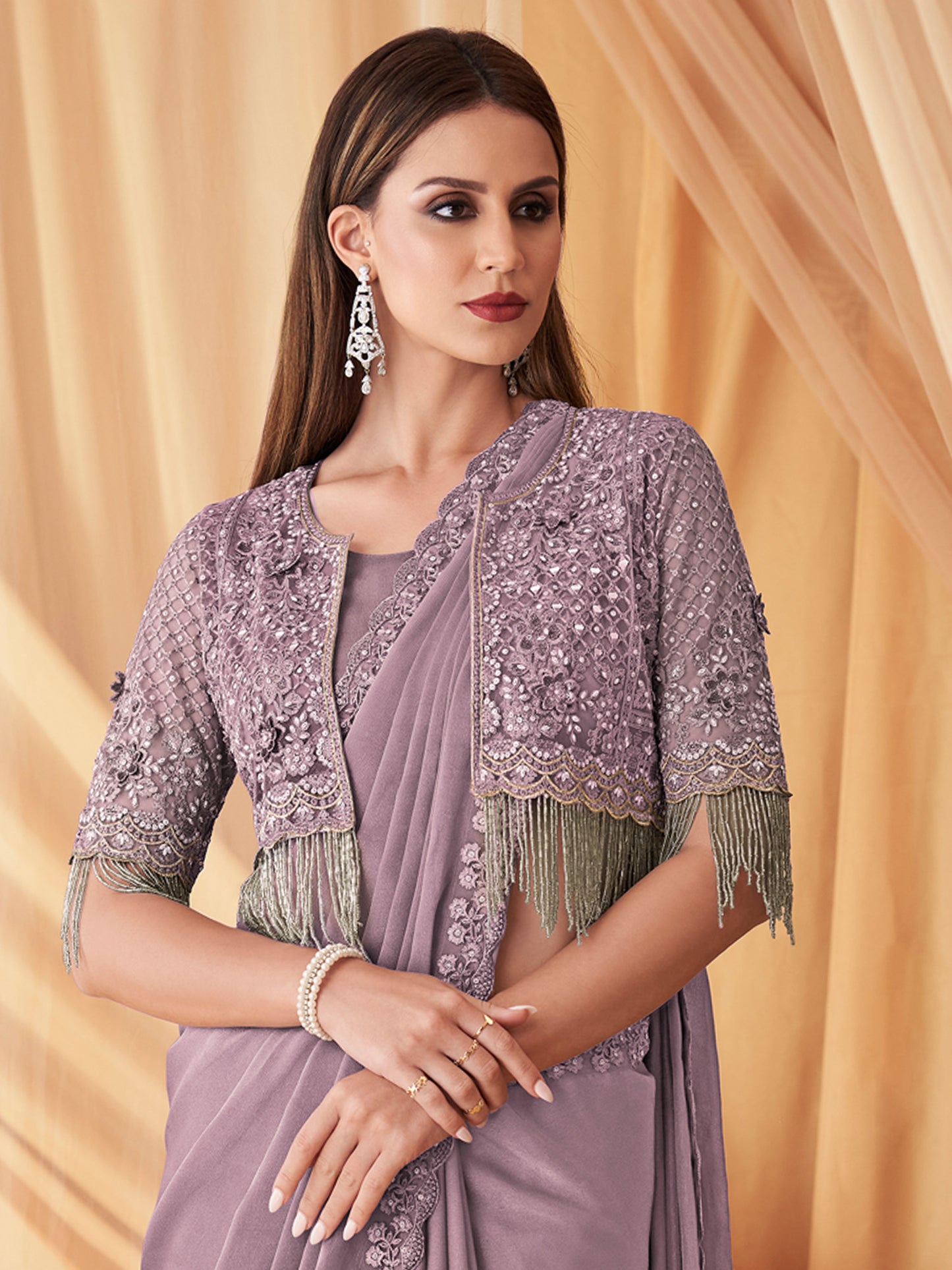 Women's Georgette Lavendar Embellished Designer Saree With Blouse Piece