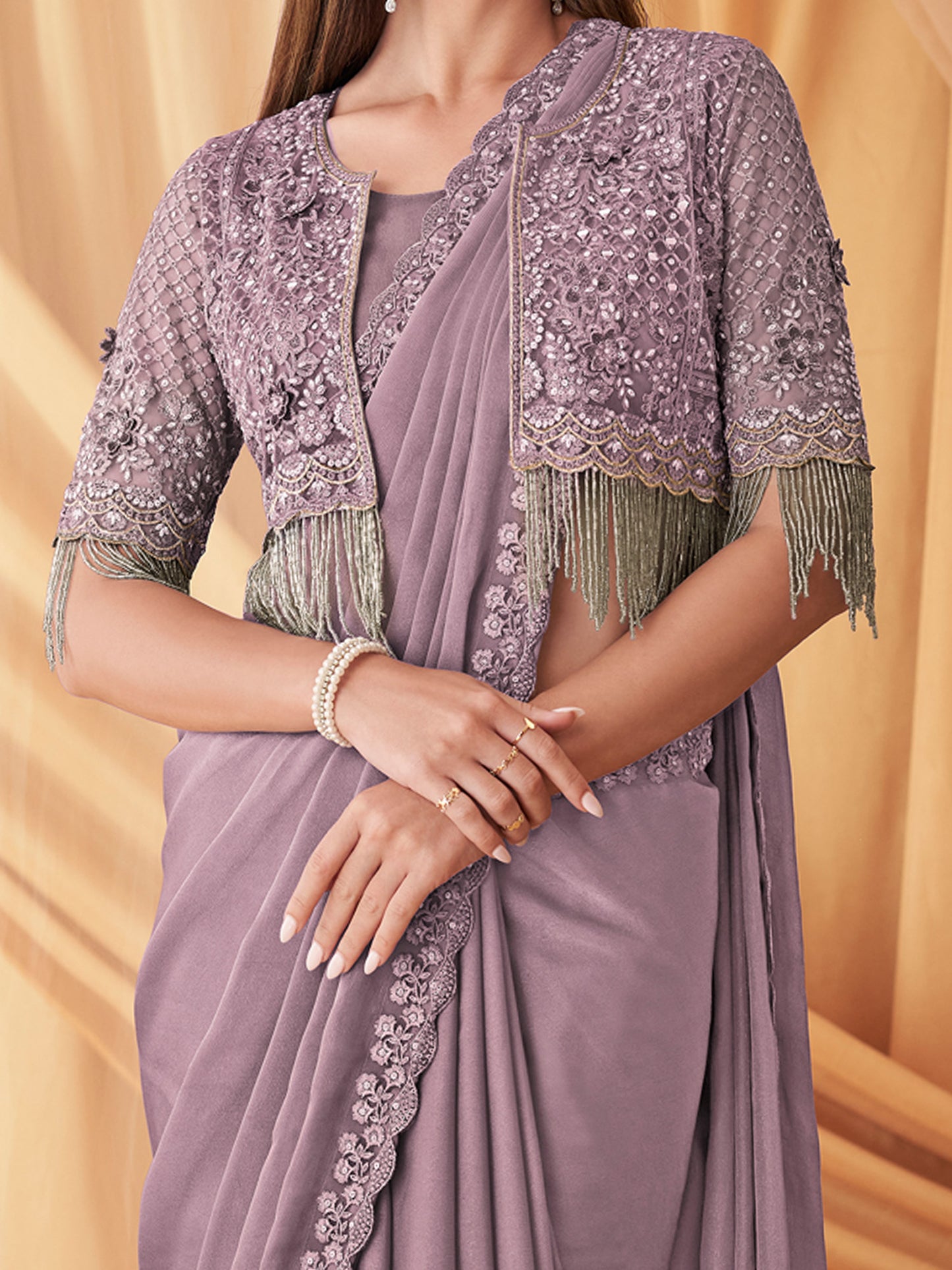 Women's Georgette Lavendar Embellished Designer Saree With Blouse Piece