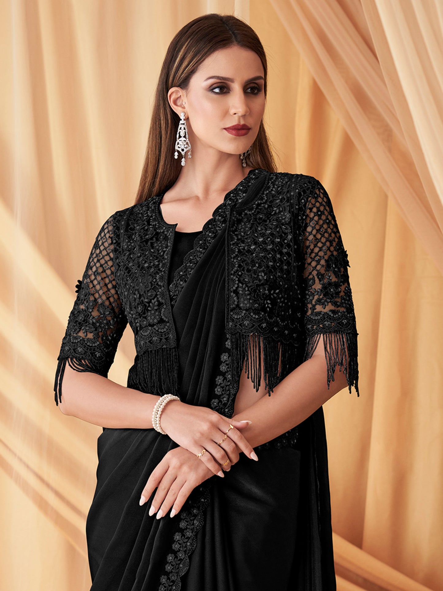 Women's Georgette Black Embellished Designer Saree With Blouse Piece