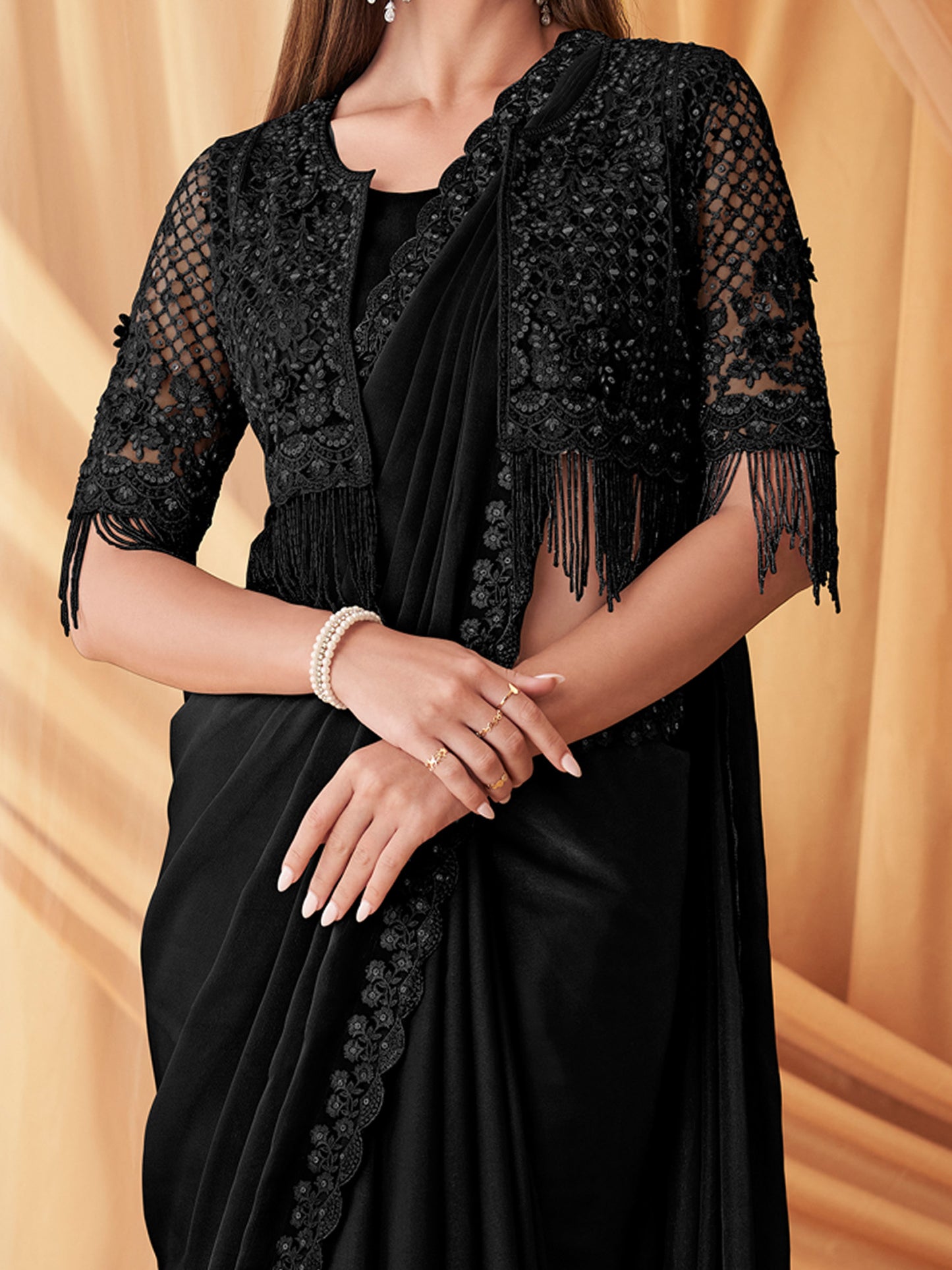 Women's Georgette Black Embellished Designer Saree With Blouse Piece