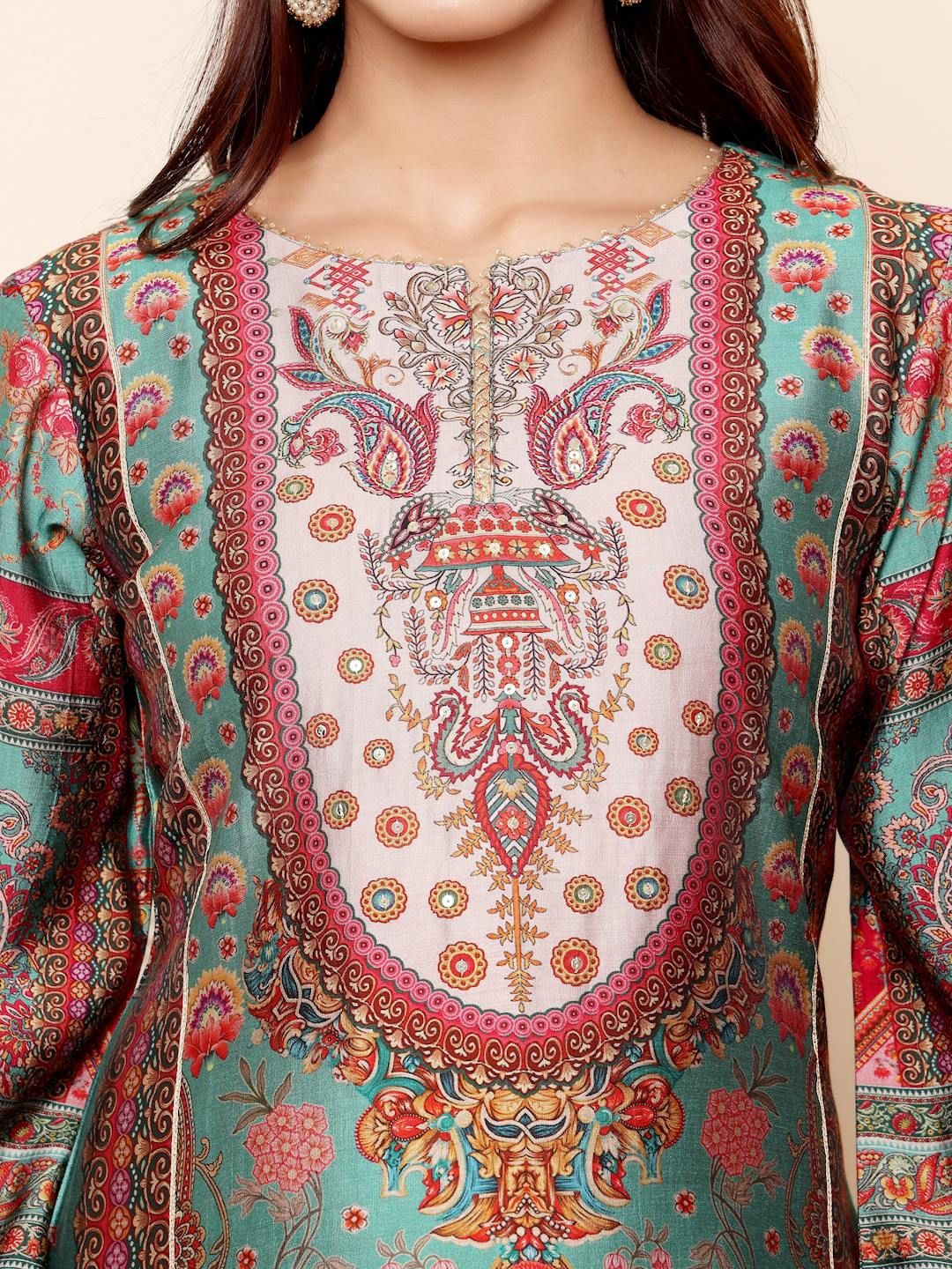 Dhiyona VA Women's Ethnic Motifs Printed Regular Gotta Patti Chanderi Silk Kurta with Trousers