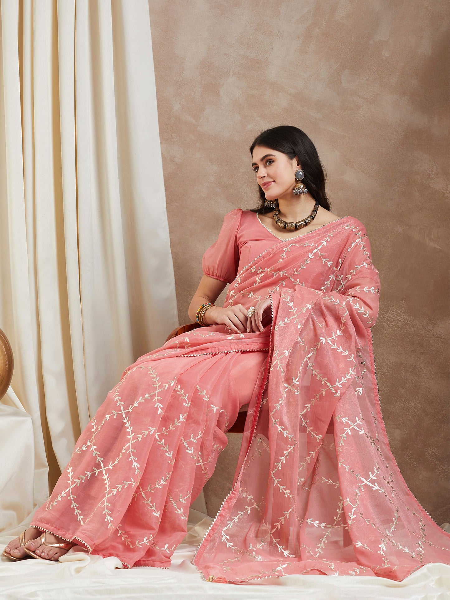 Women's Georgette Peach Embroidered Designer Saree With Blouse Piece