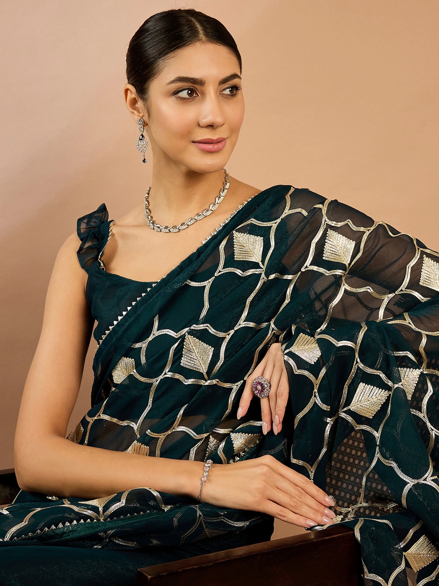 Women's Georgette Teal blue Embellished Designer Saree With Blouse Piece