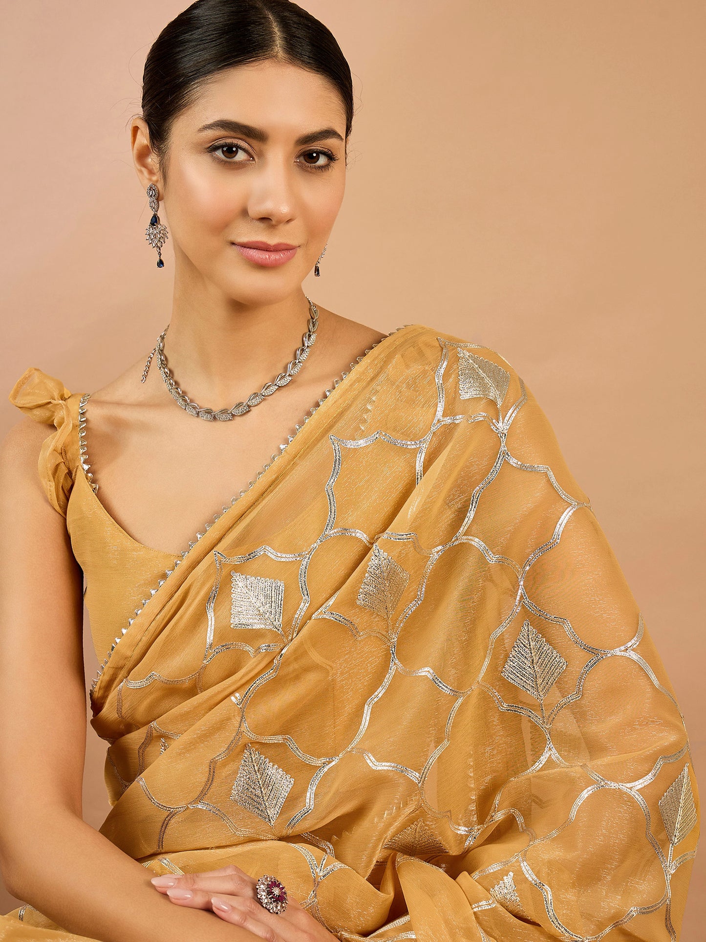 Women's Georgette Beige Embellished Designer Saree With Blouse Piece