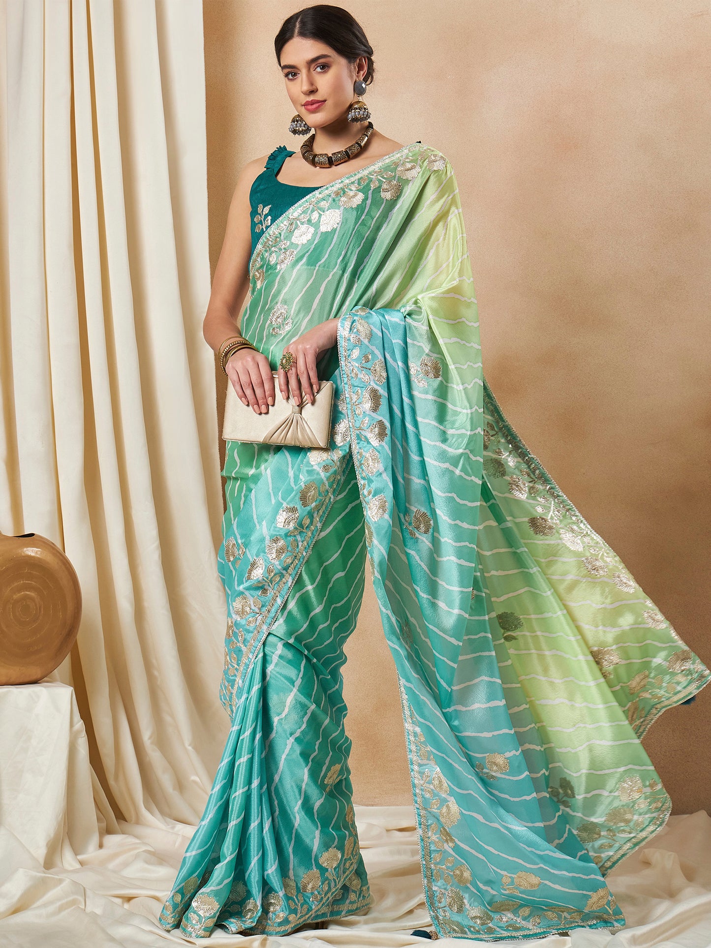 Women's Chiffon Light Blue Embroidered Designer Saree With Blouse Piece