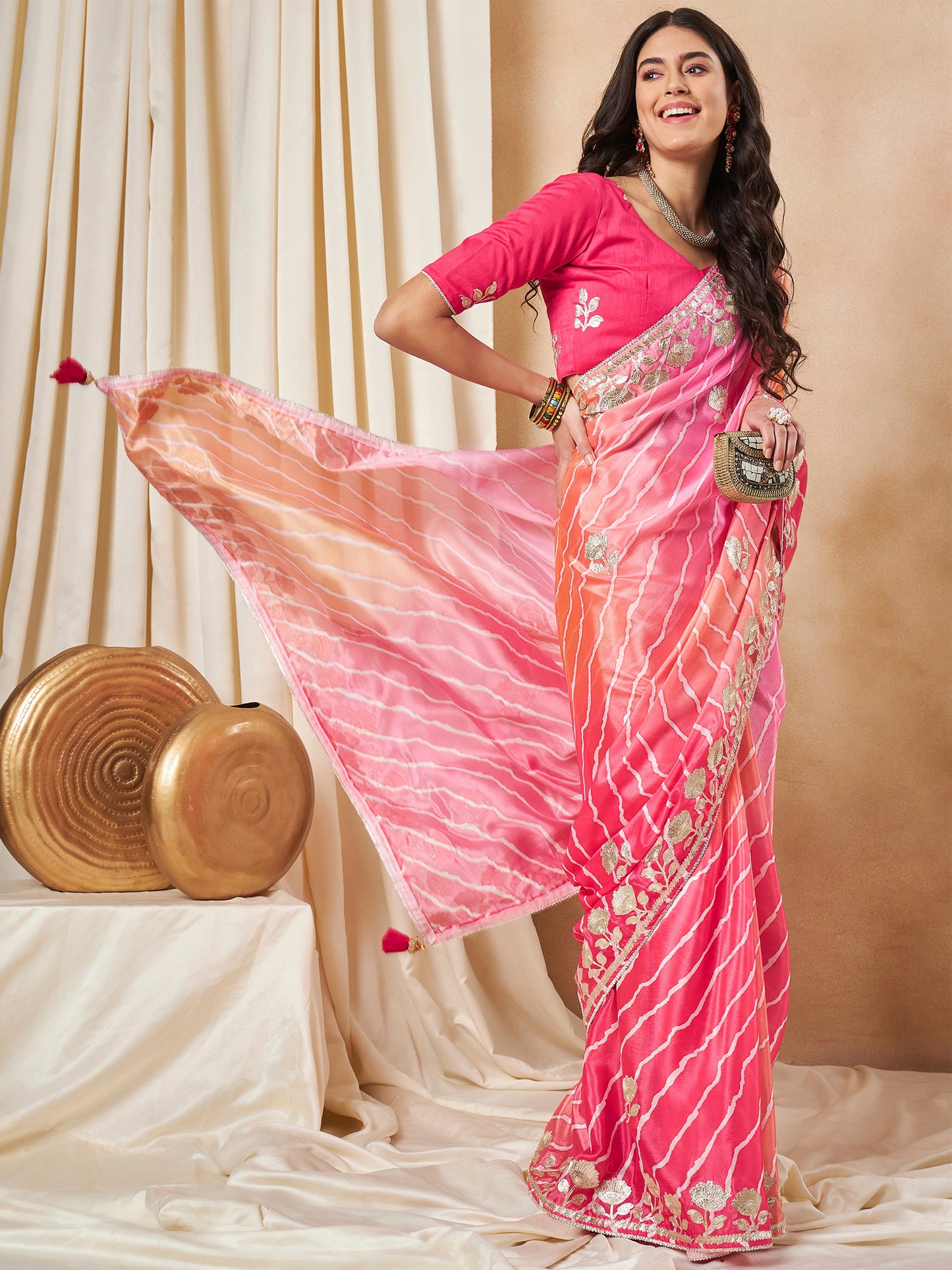 Women's Chiffon Pink Embroidered Designer Saree With Blouse Piece