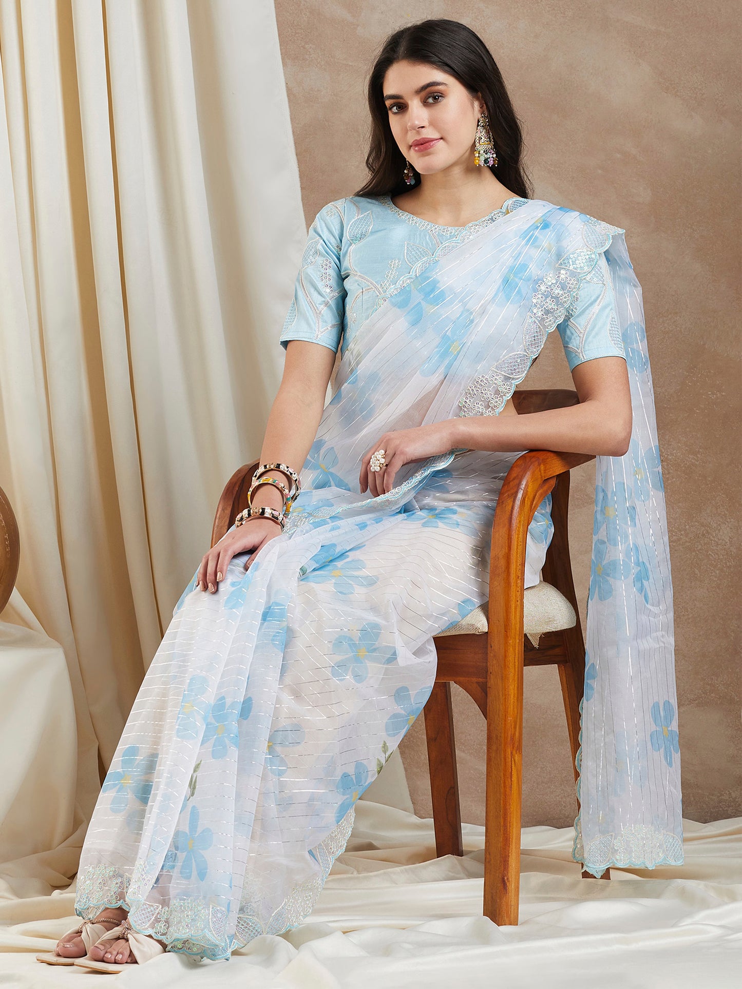 Women's Organza Light Blue Embellished Designer Saree With Blouse Piece