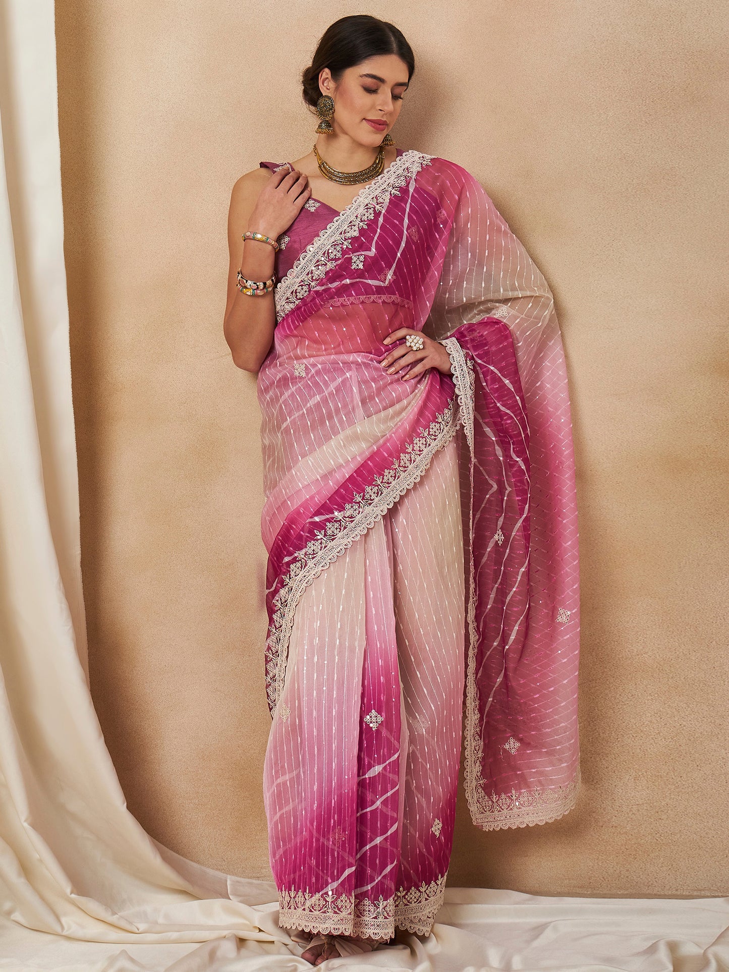 Women's Net Pink Embellished Designer Saree With Blouse Piece