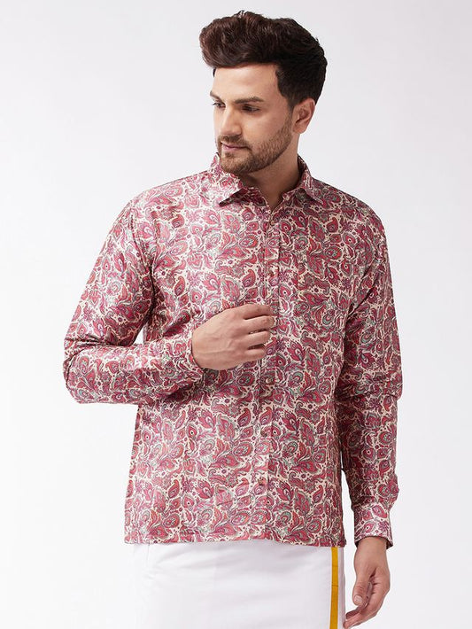 Men's MulticolorBasePink Silk Blend Straight Ethnic Shirt