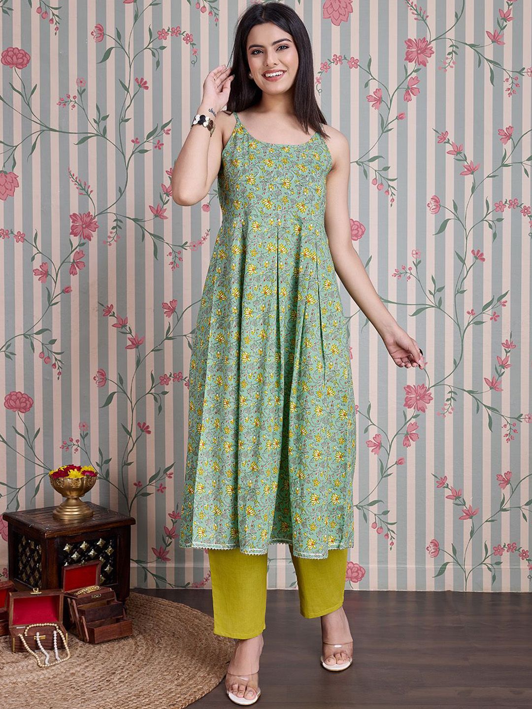 Dhiyona OD Floral Printed Shoulder Straps Pure Cotton Anarkali Kurta