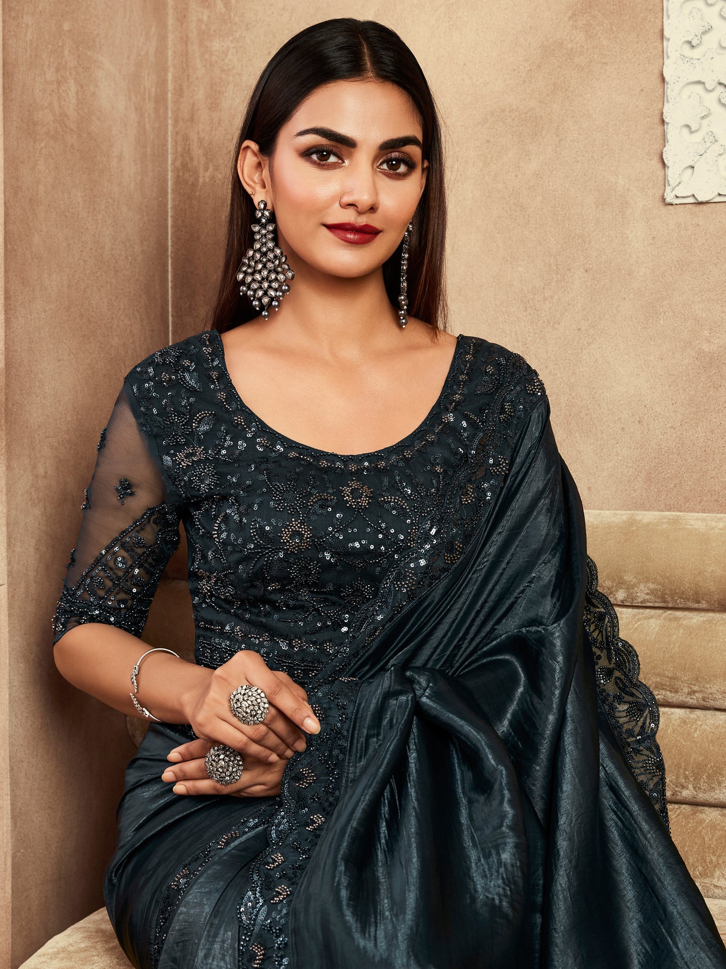 Women's Satin Silk Black Embellished Designer Saree With Blouse Piece