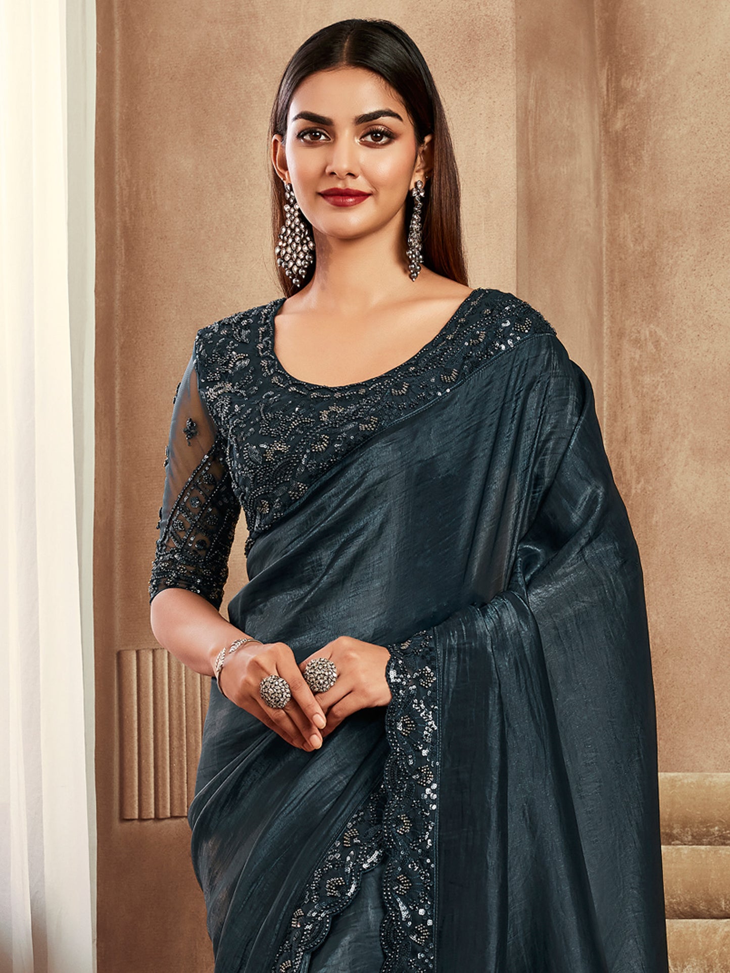 Women's Satin Silk Black Embellished Designer Saree With Blouse Piece