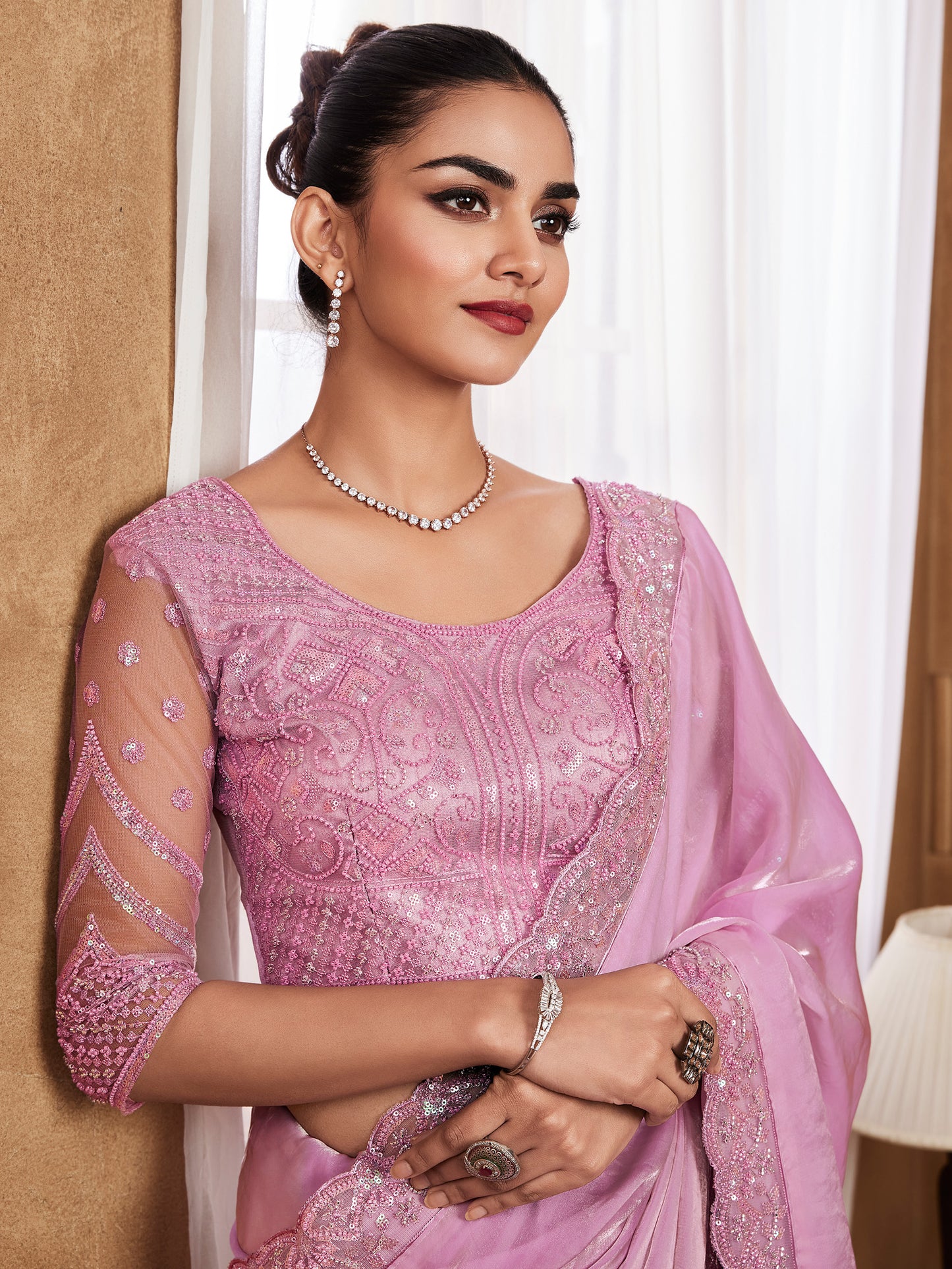 Women's Satin Silk Pink Embellished Designer Saree With Blouse Piece