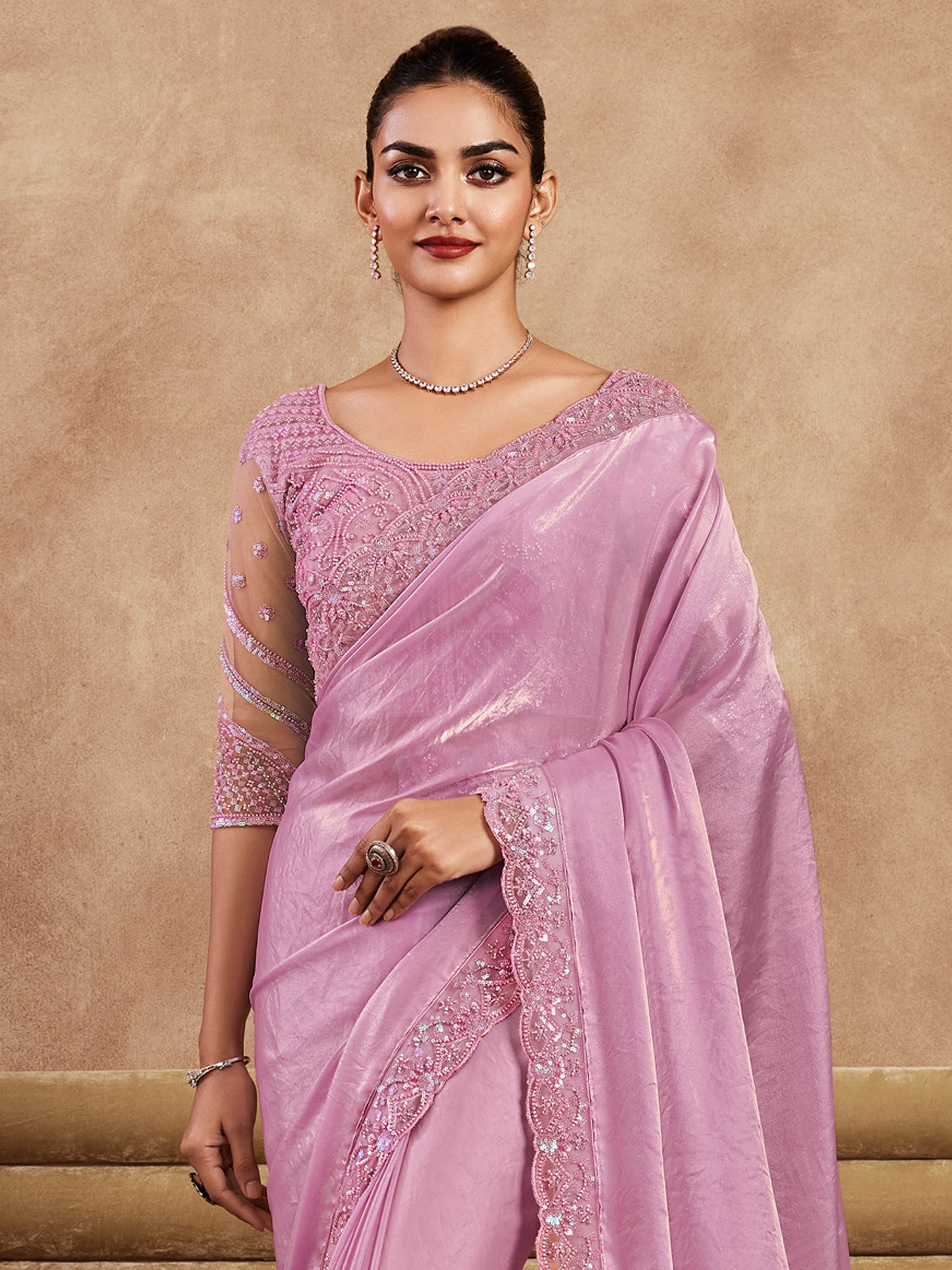 Women's Satin Silk Pink Embellished Designer Saree With Blouse Piece