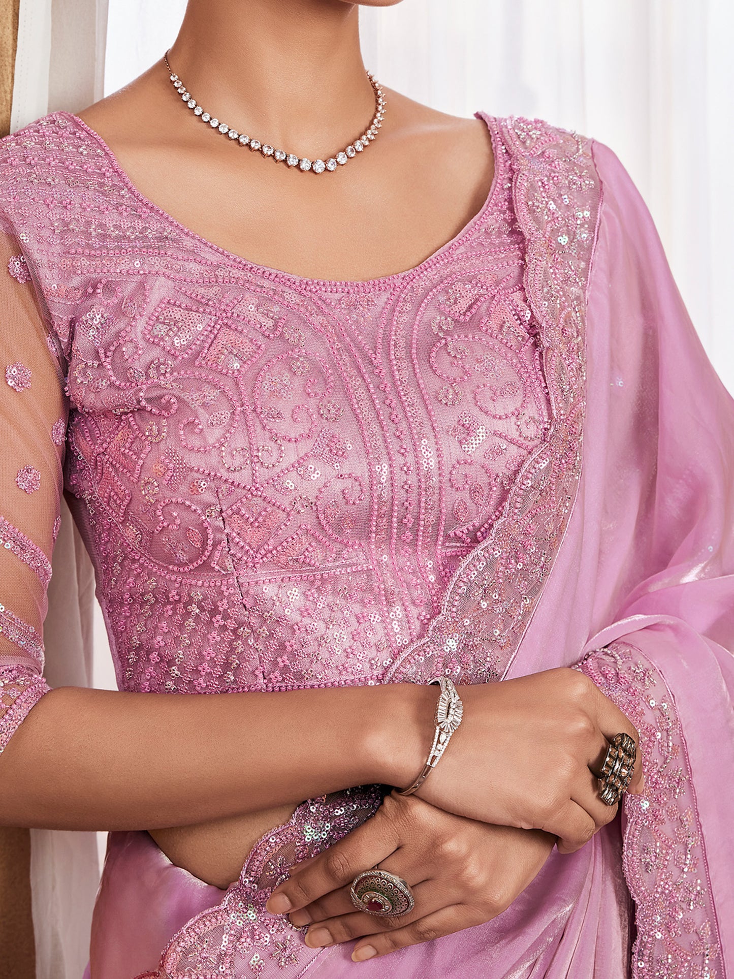 Women's Satin Silk Pink Embellished Designer Saree With Blouse Piece