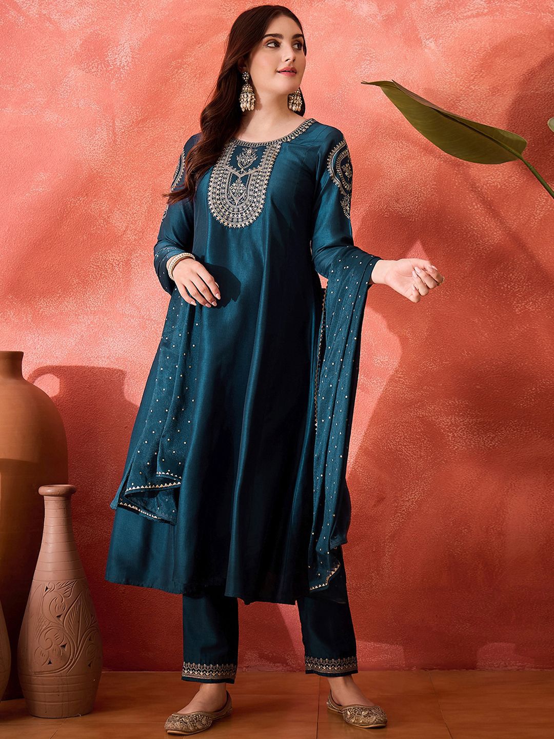 Dhiyona SN Women's Floral Yoke Design Sequinned Chinon Silk Anarkali Kurta With Trousers And Dupatta