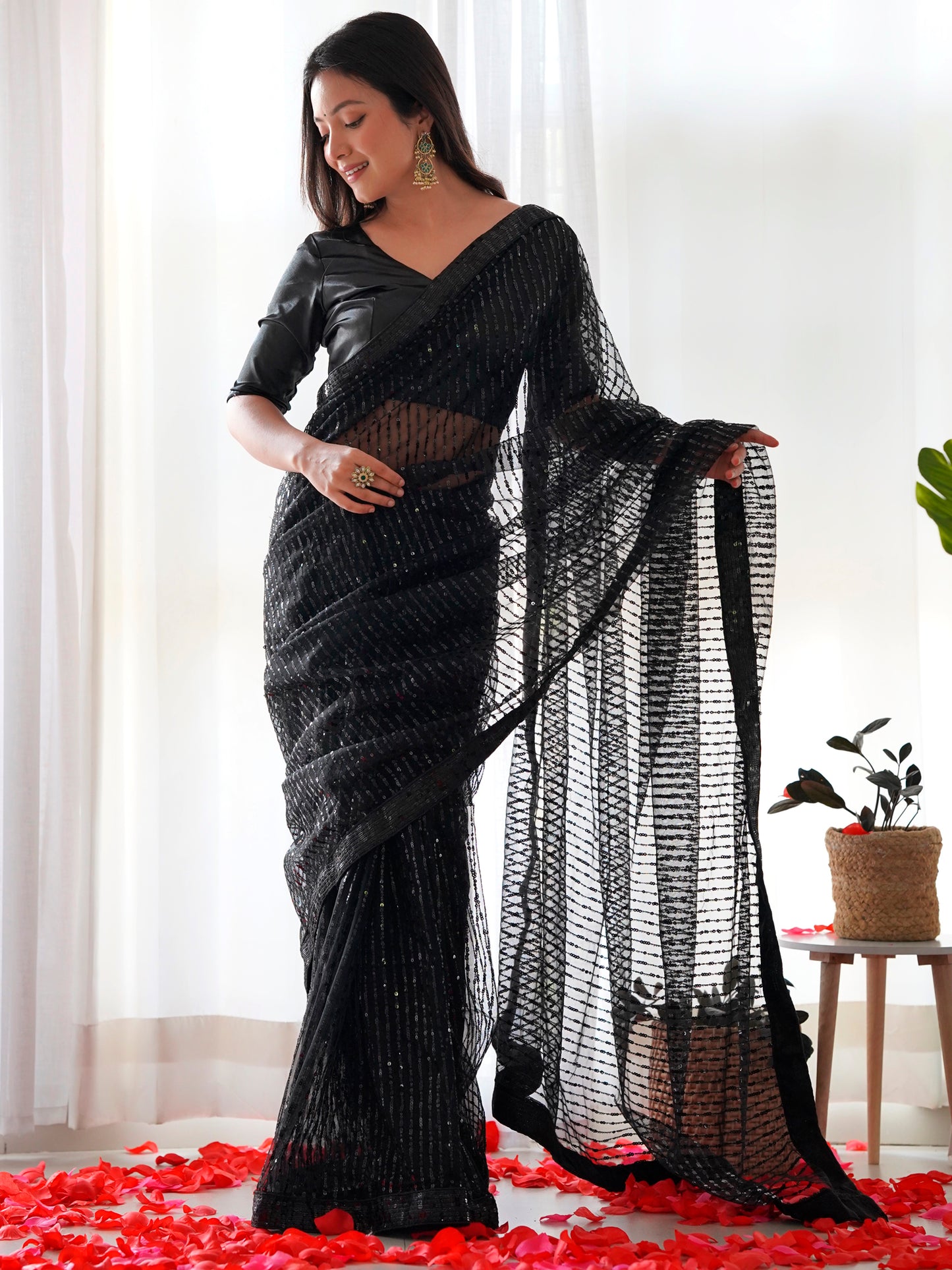 Women's Net Black Embellished Designer Saree With Blouse Piece