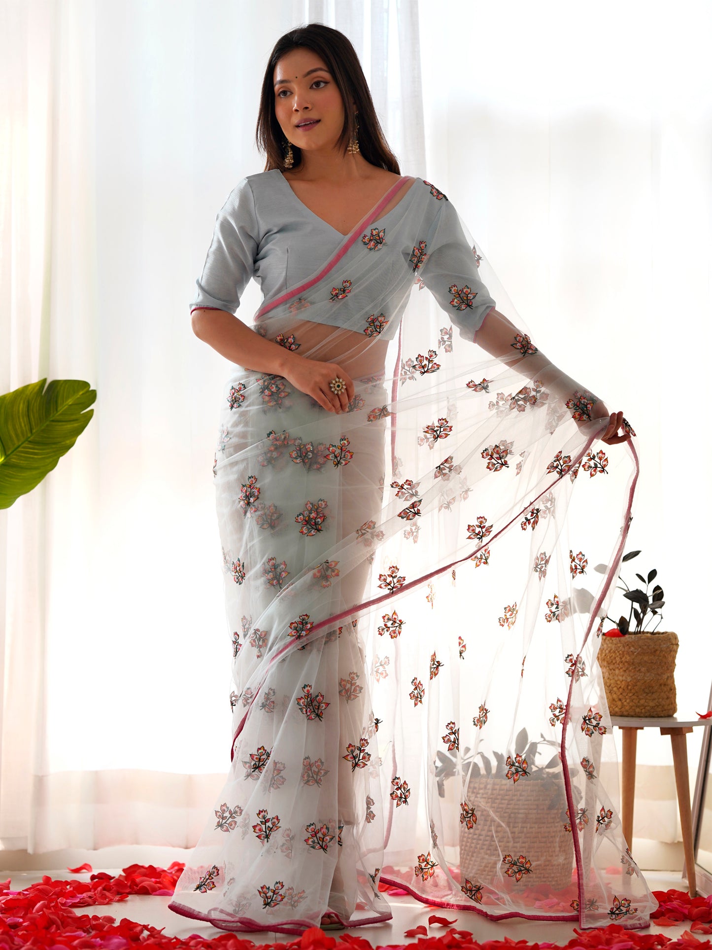 Women's Net Light Blue Embellished Designer Saree With Blouse Piece