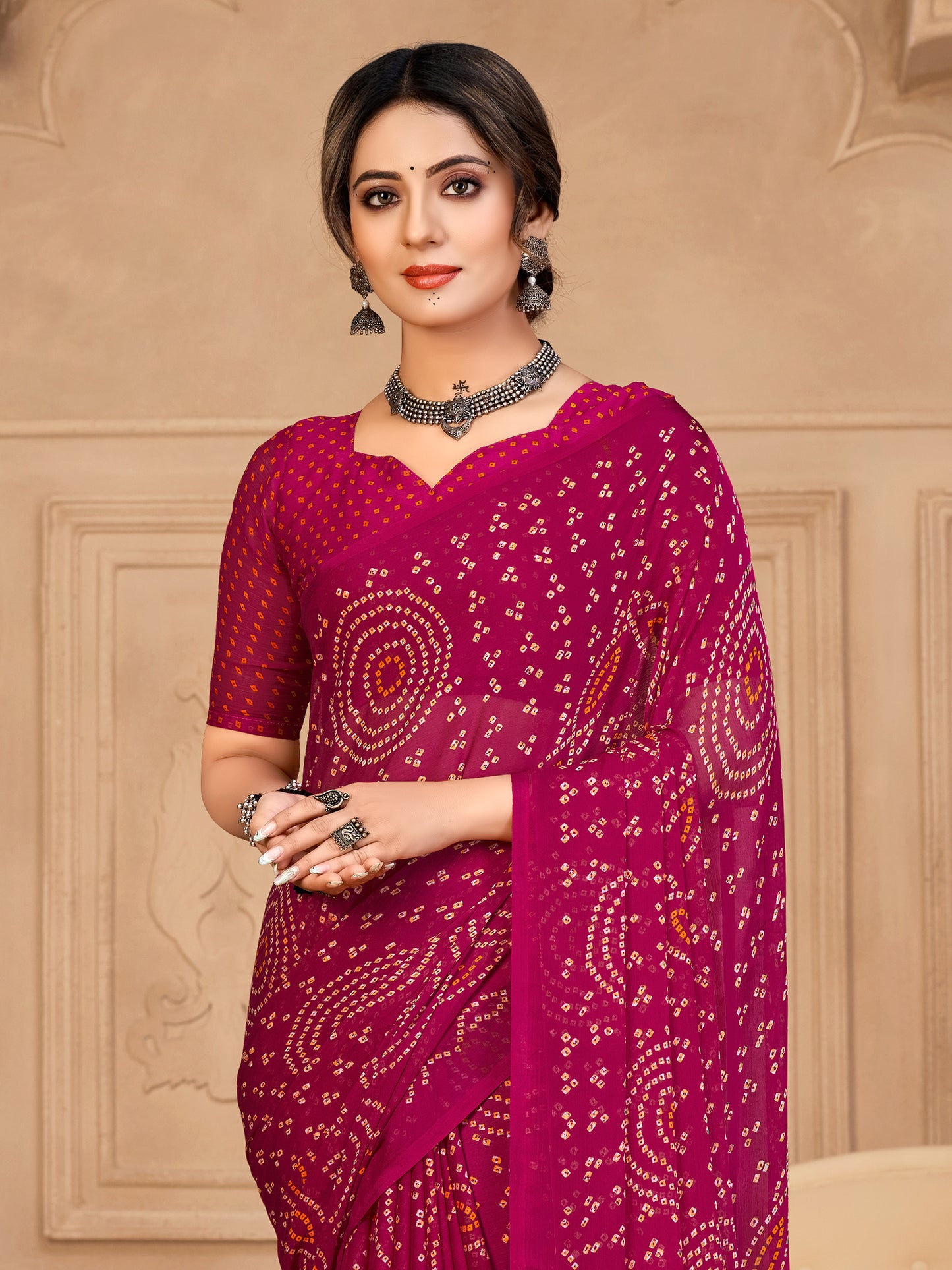 Women's Chiffon Pink Printed Designer Saree With Blouse Piece