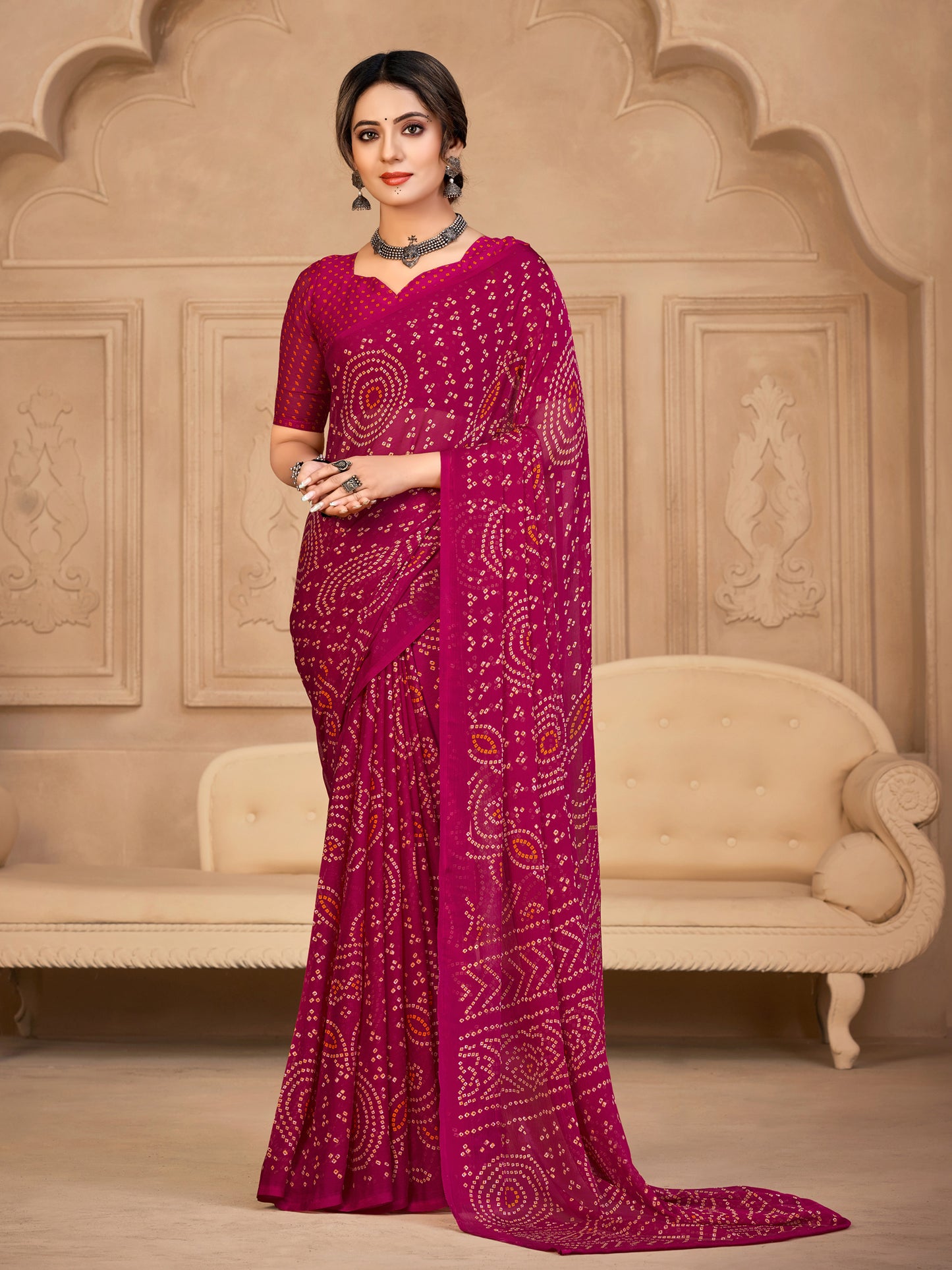 Women's Chiffon Pink Printed Designer Saree With Blouse Piece