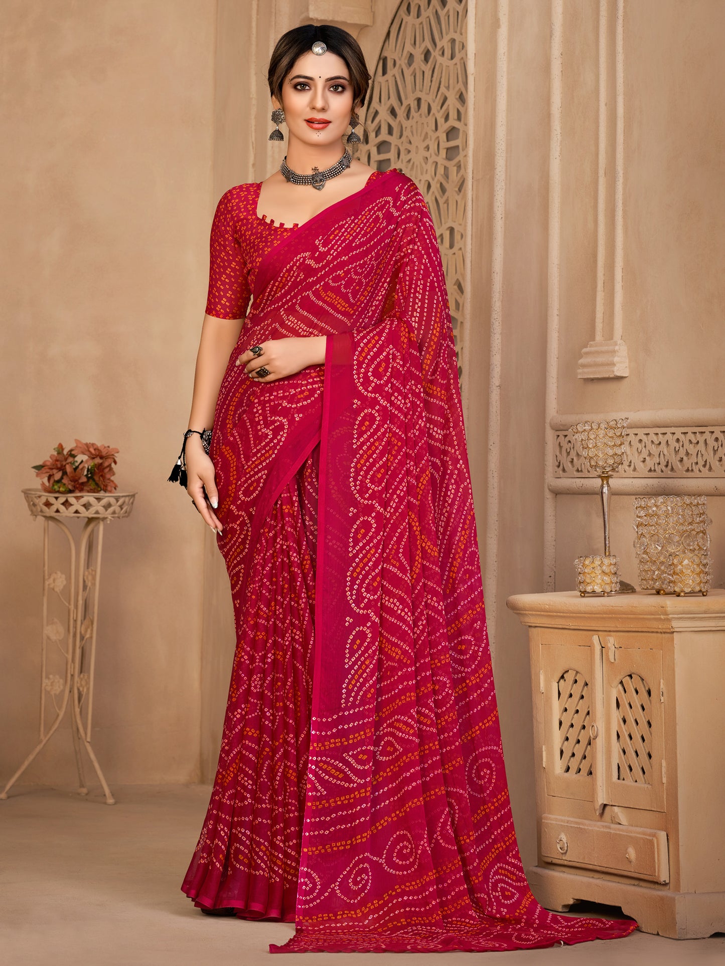 Women's Chiffon Pink Printed Designer Saree With Blouse Piece